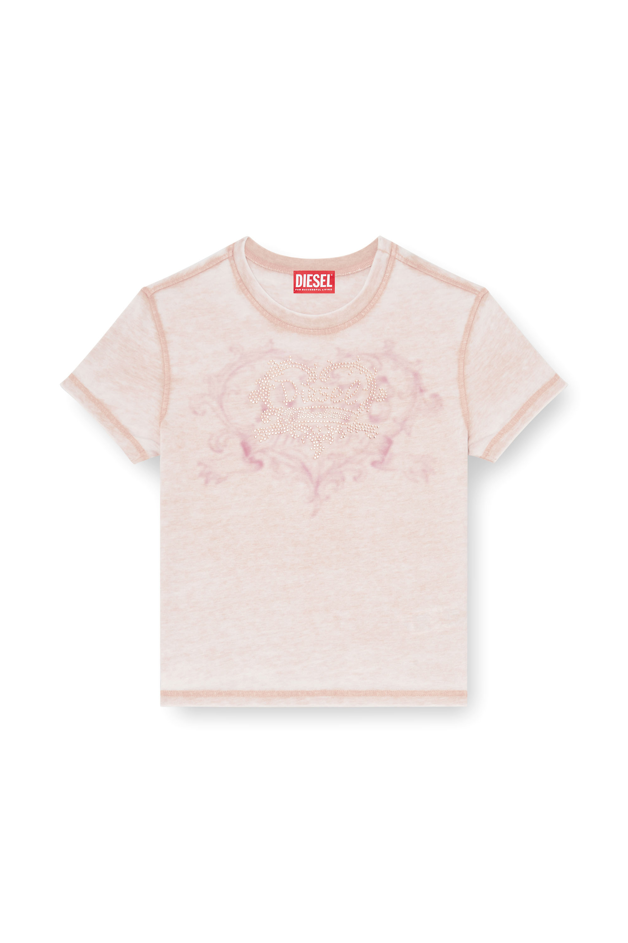 Diesel - T-ILA-AA1, T-shirt in jersey con strass ed effetto burnout Donna in Rosa - 3