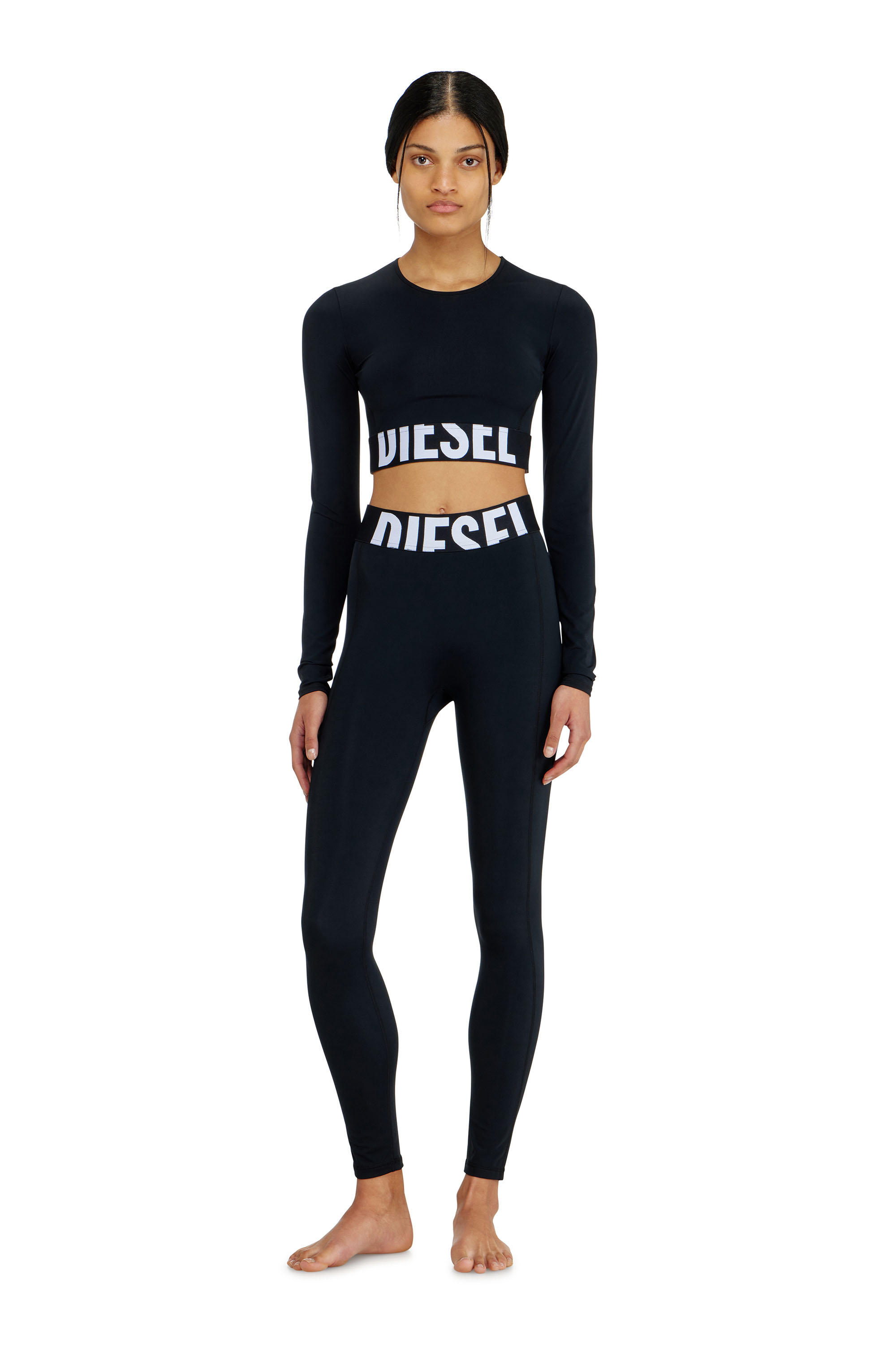 Diesel - ADELINE-D-POP, Leggings in microfibra con logo tagliato Donna in Nero - 1