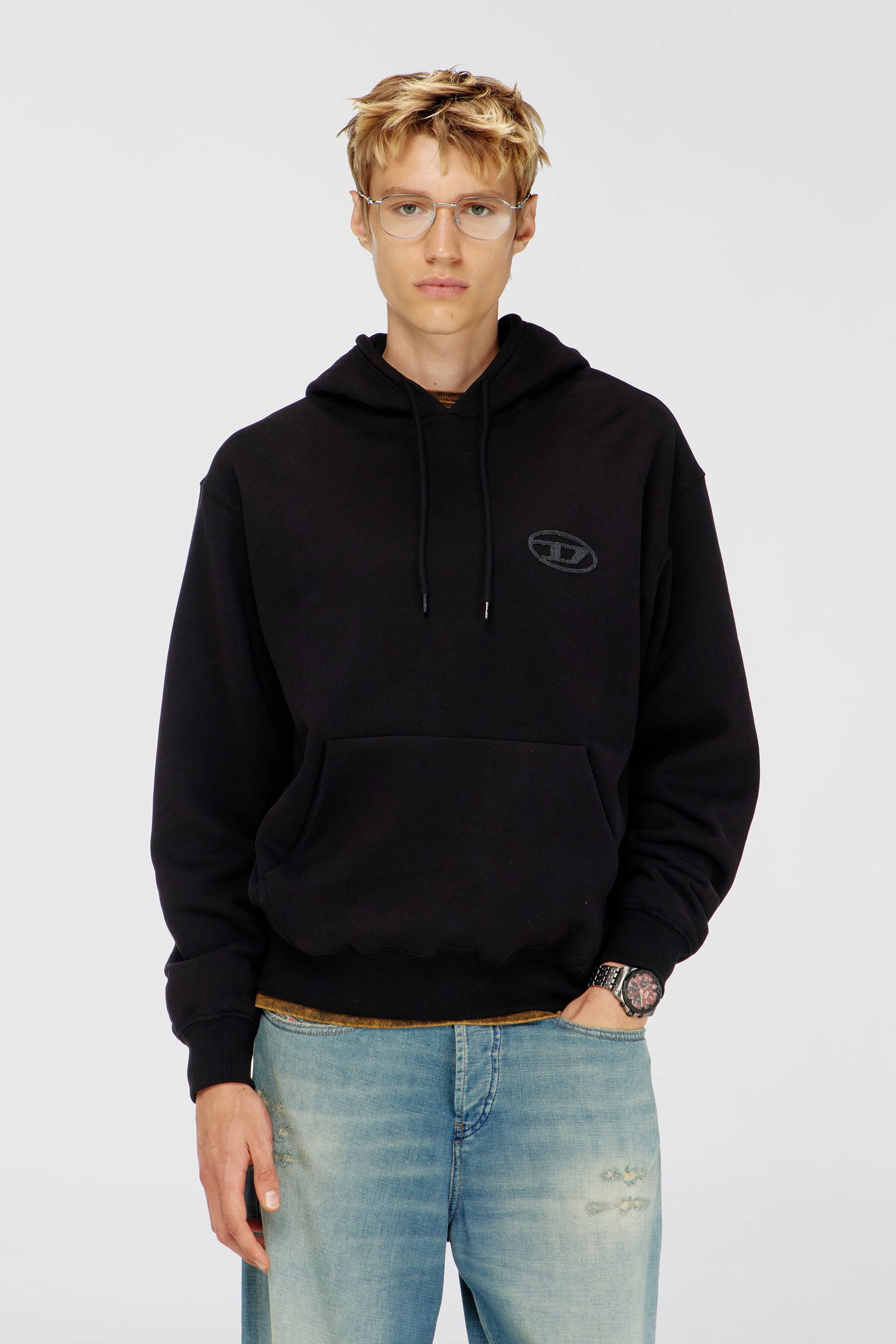 Diesel - S-LUK-H-T92, Felpa con cappuccio in cotone con ricamo Oval D tono su tono Uomo in Nero - 1