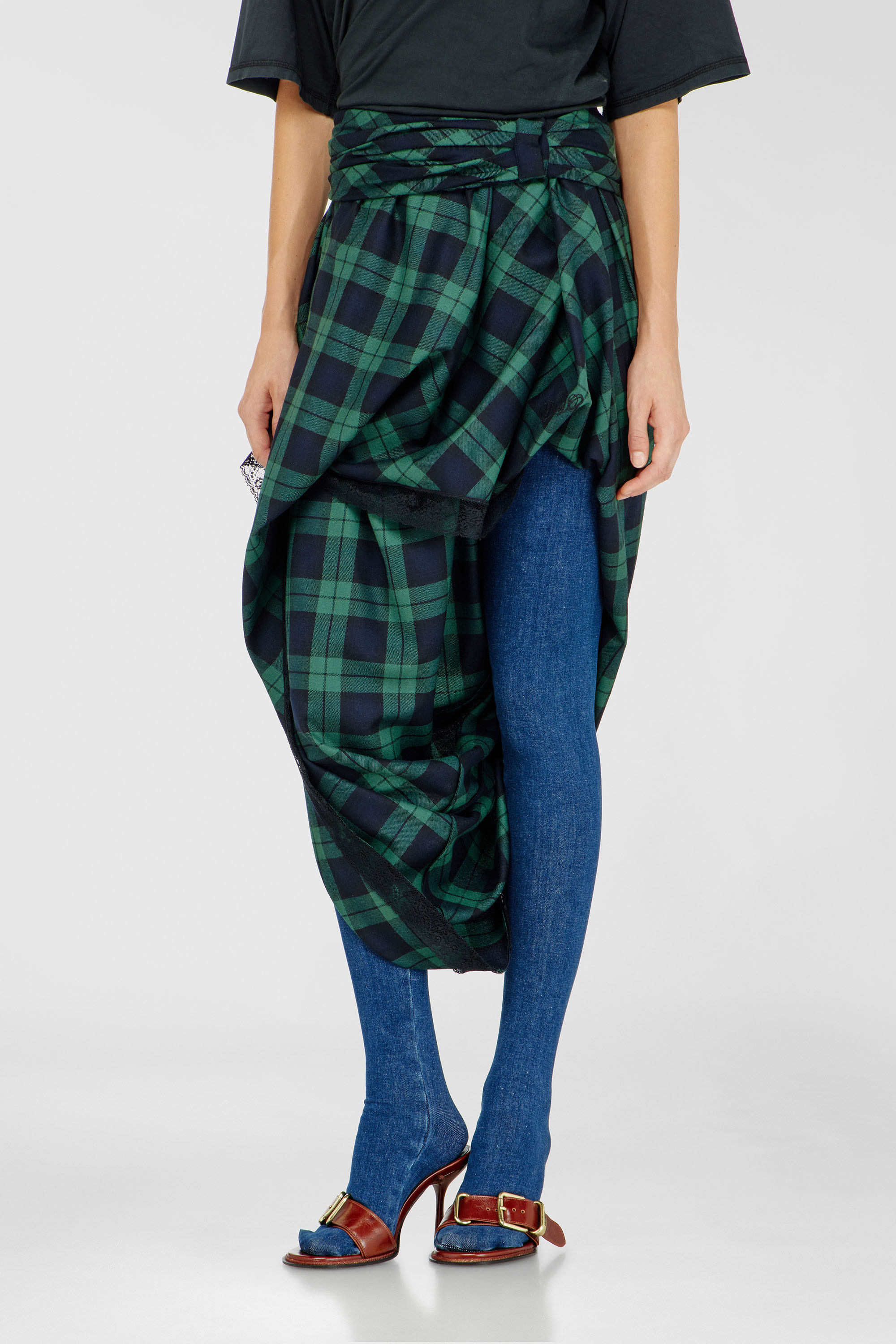 Diesel - O-WINNY, Gonna midi tartan drappeggiata con bordo in pizzo Donna in Multicolor - 1