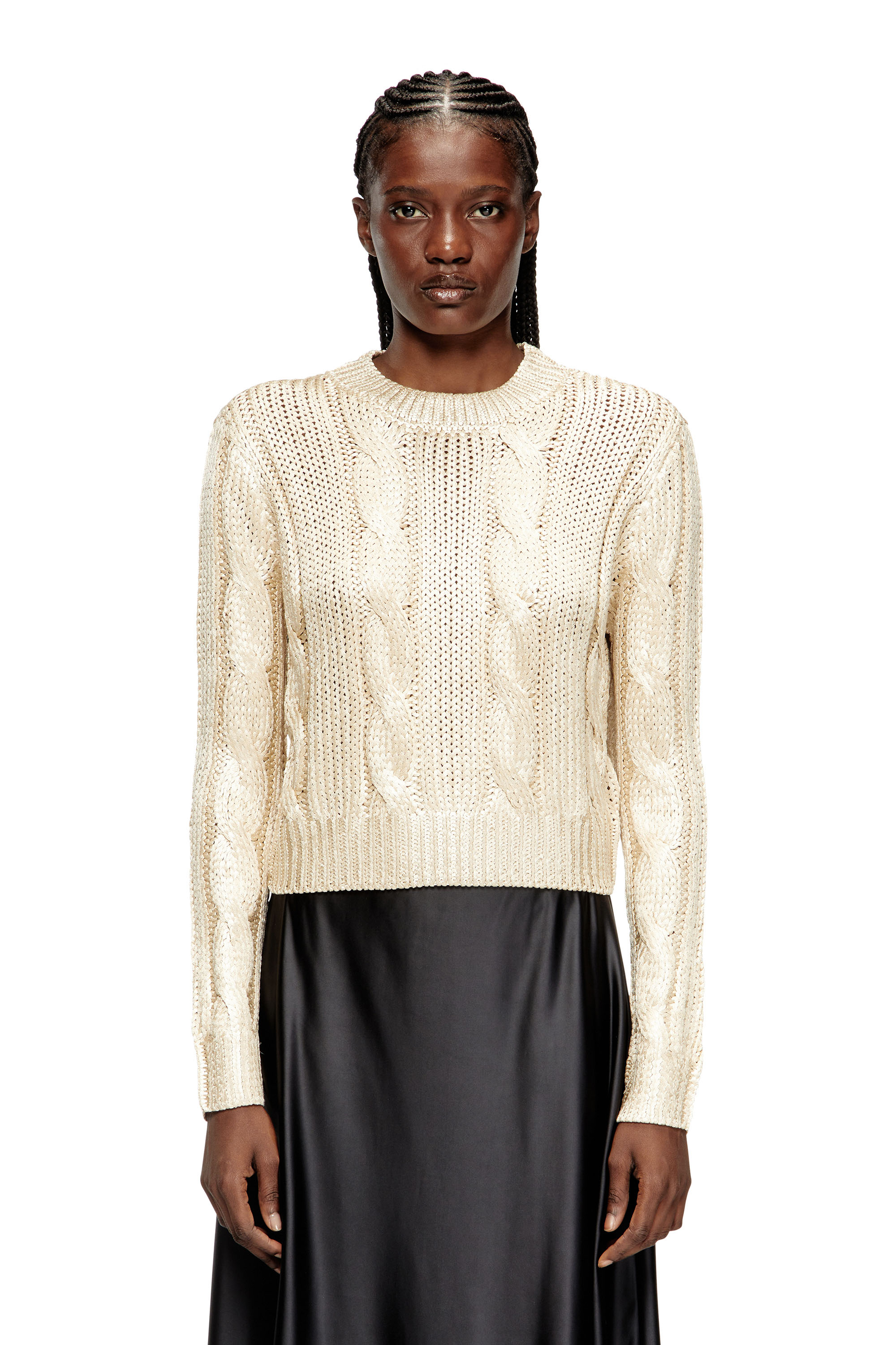 Diesel - M-MICCHA, Maglia con lavorazione a treccia e effetto shiny Donna in Beige - 1