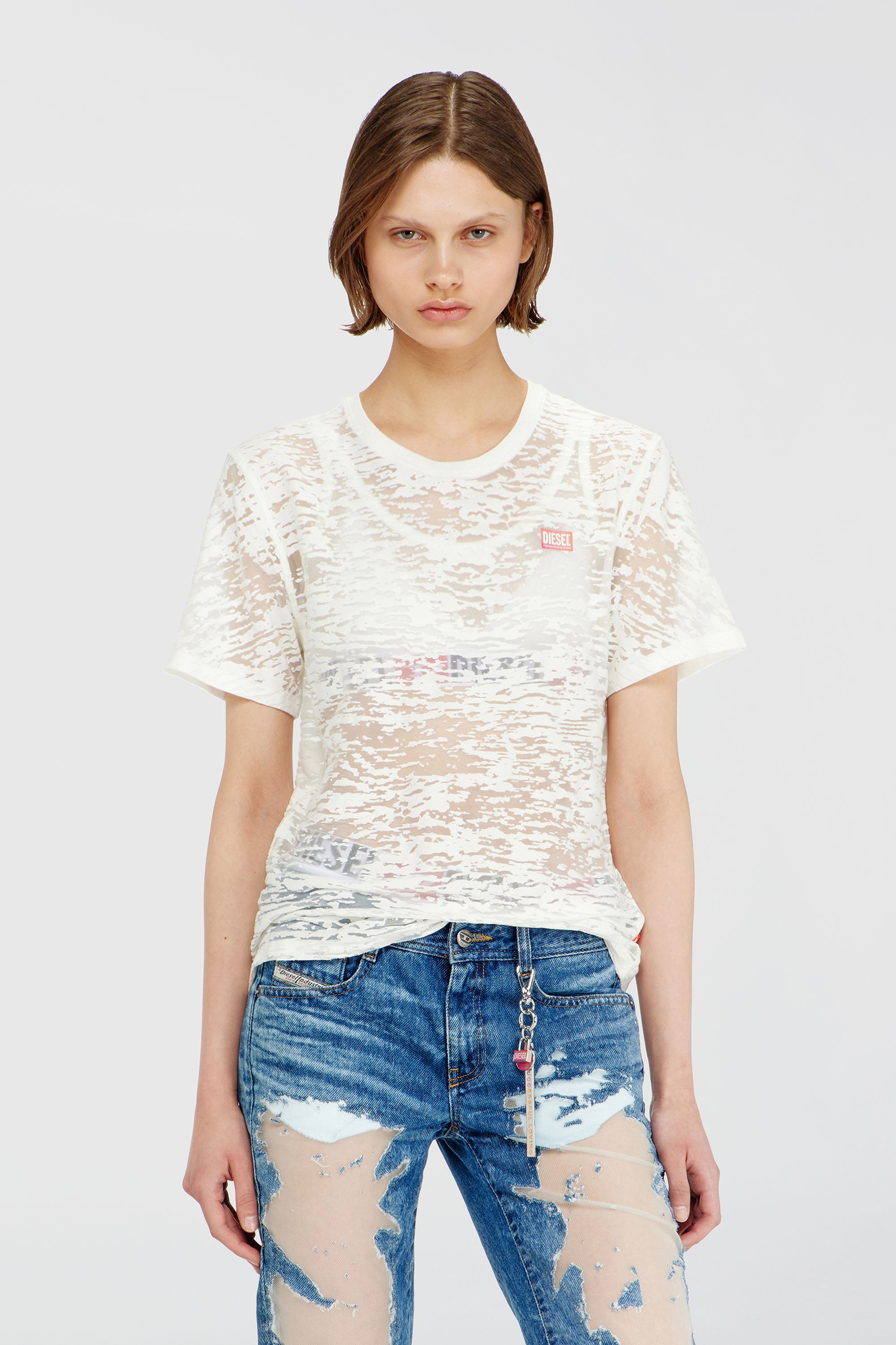 Diesel - PR-T-NOTS-MATI-R, T-shirt in jersey devor&eacute; all-over Unisex in Bianco - 1