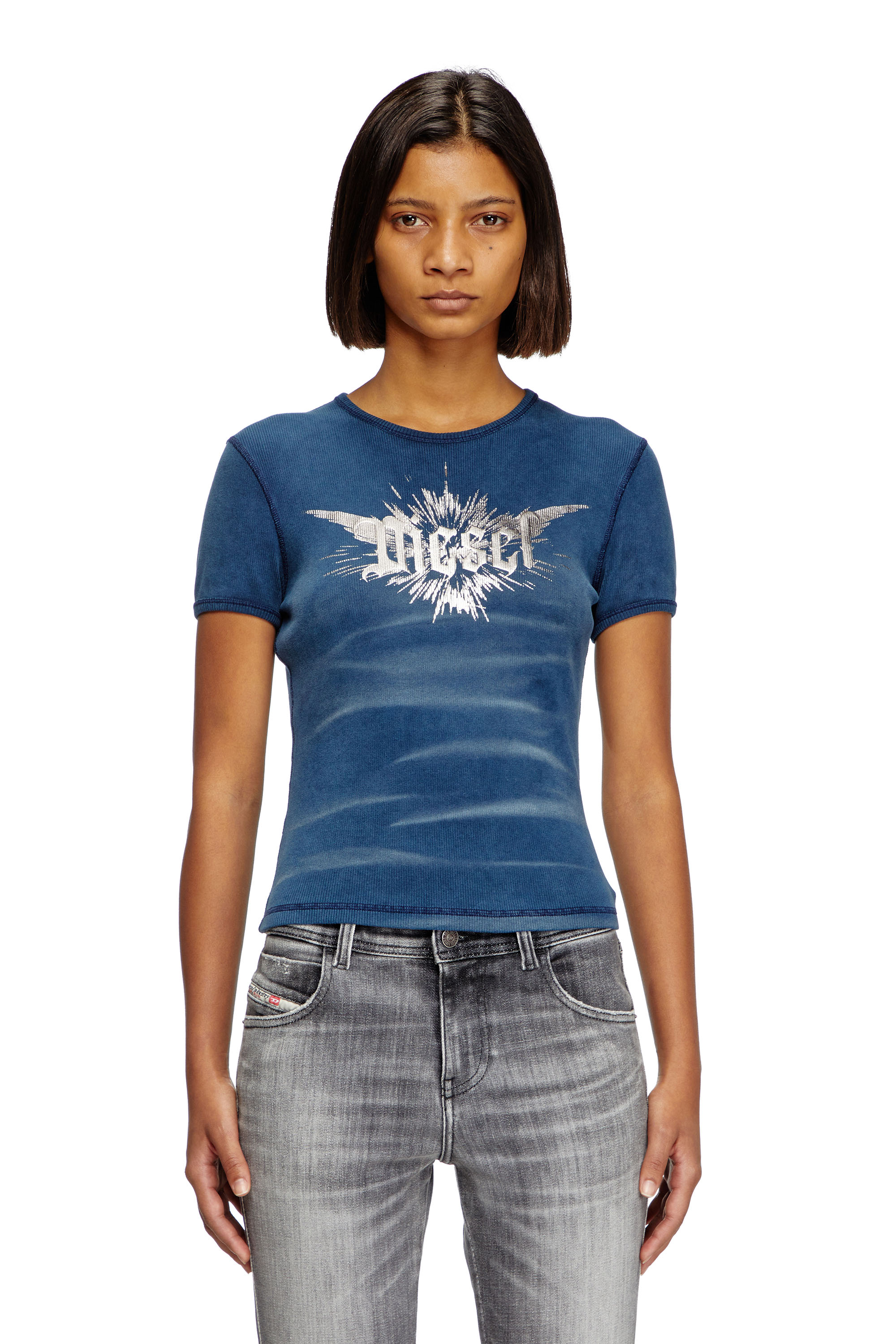 Diesel - T-ELE-LONG-P2, T-shirt con stampa Diesel laminata Donna in Blu - 1