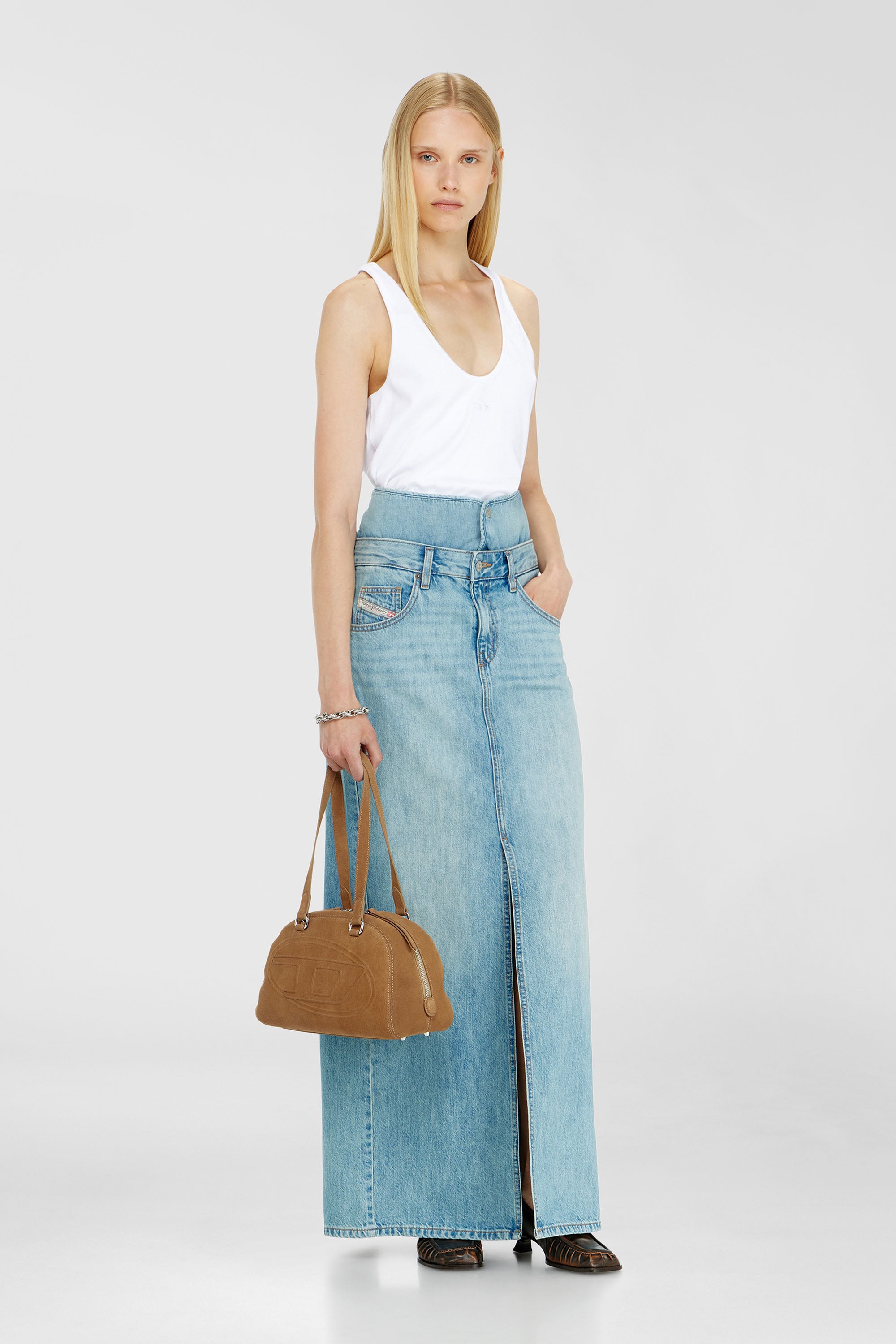 Diesel - DE-SPIVEY, Gonna maxi in denim con effetto jean‑illusion e spacchi Donna in Blu - 1