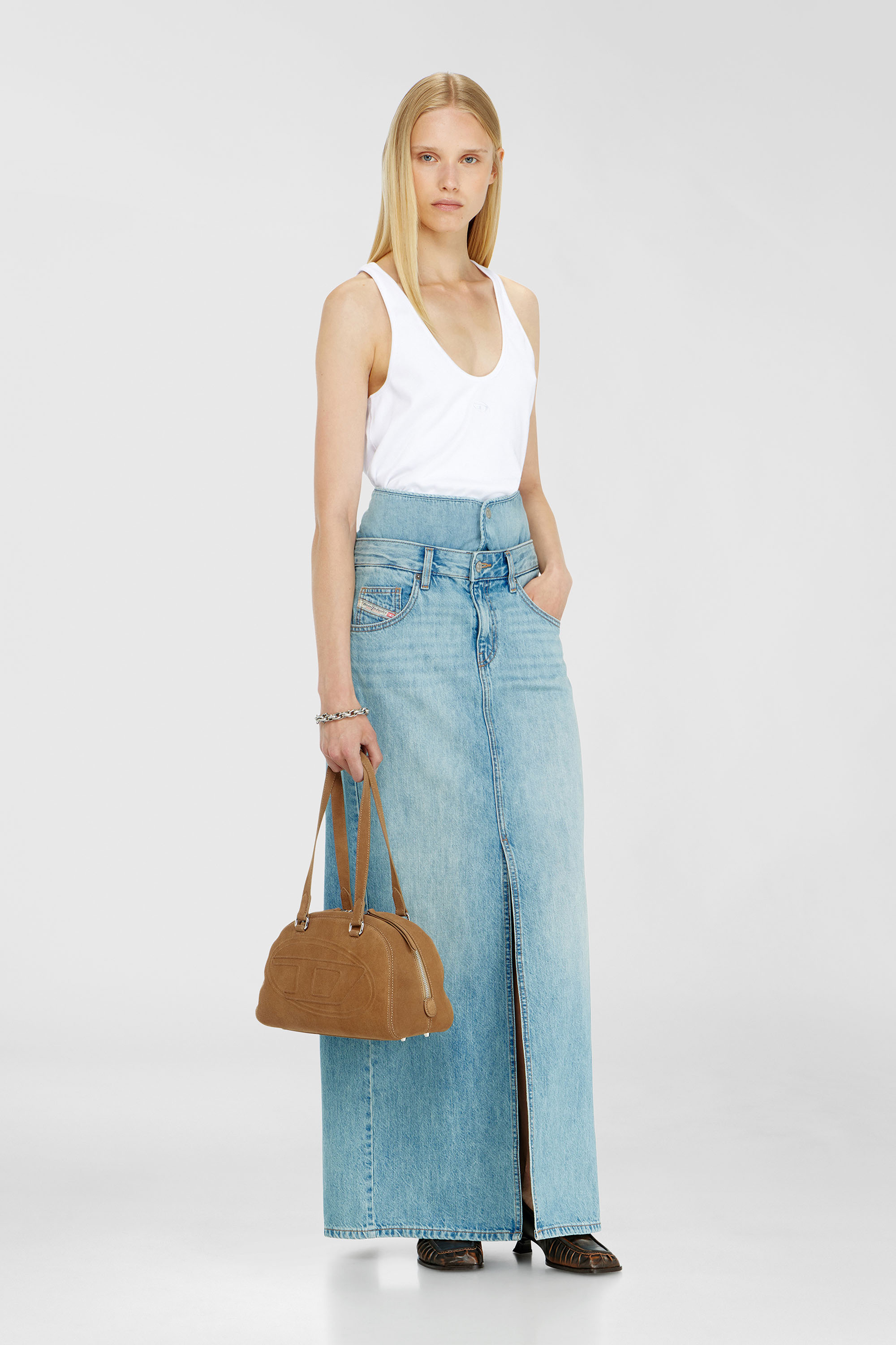 Diesel - DE-SPIVEY, Gonna maxi in denim con effetto jean‑illusion e spacchi Donna in Blu - 1