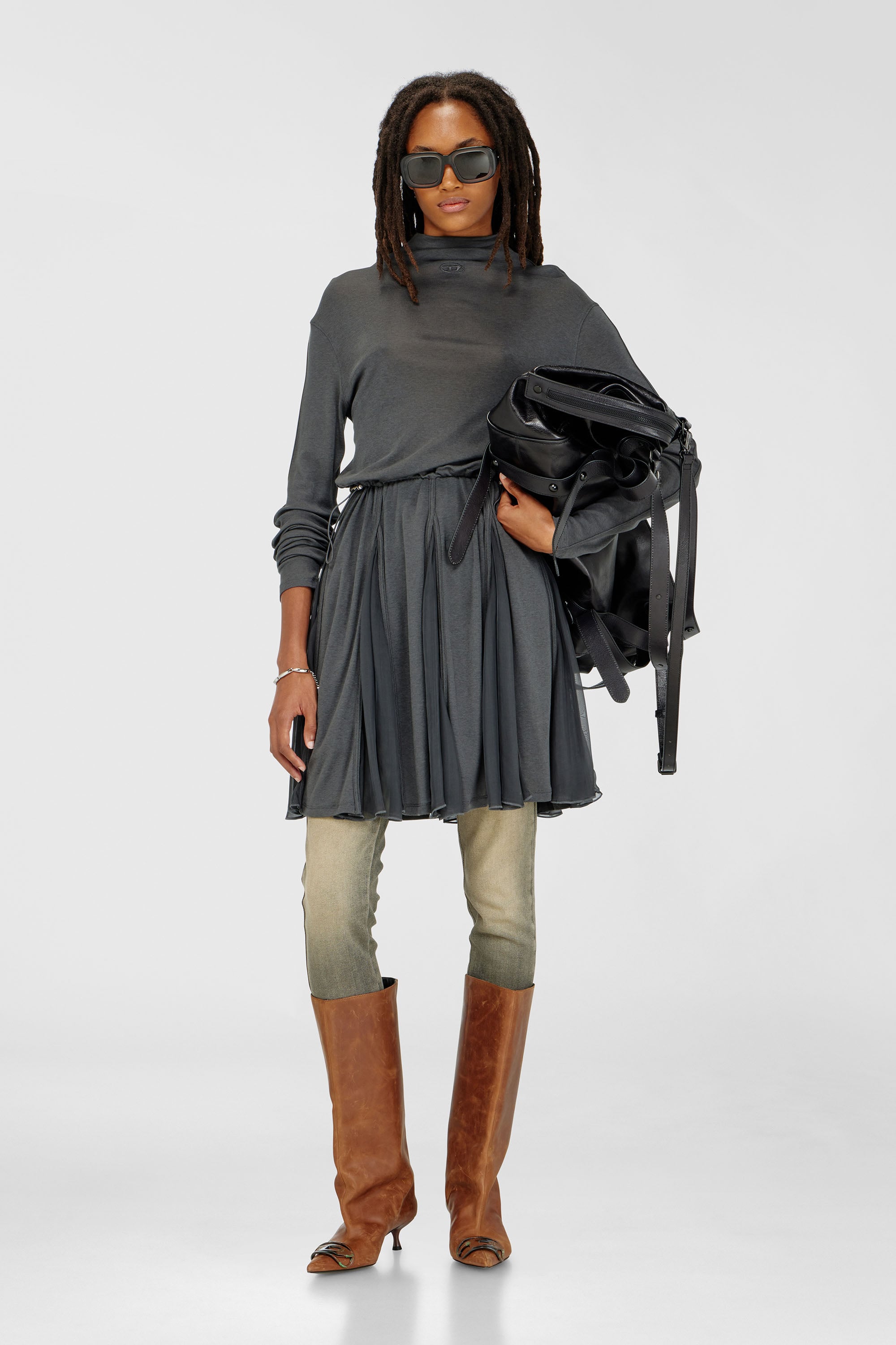 Diesel - D-REI, Abito mini a collo alto in jersey e chiffon Donna in Grigio - 1