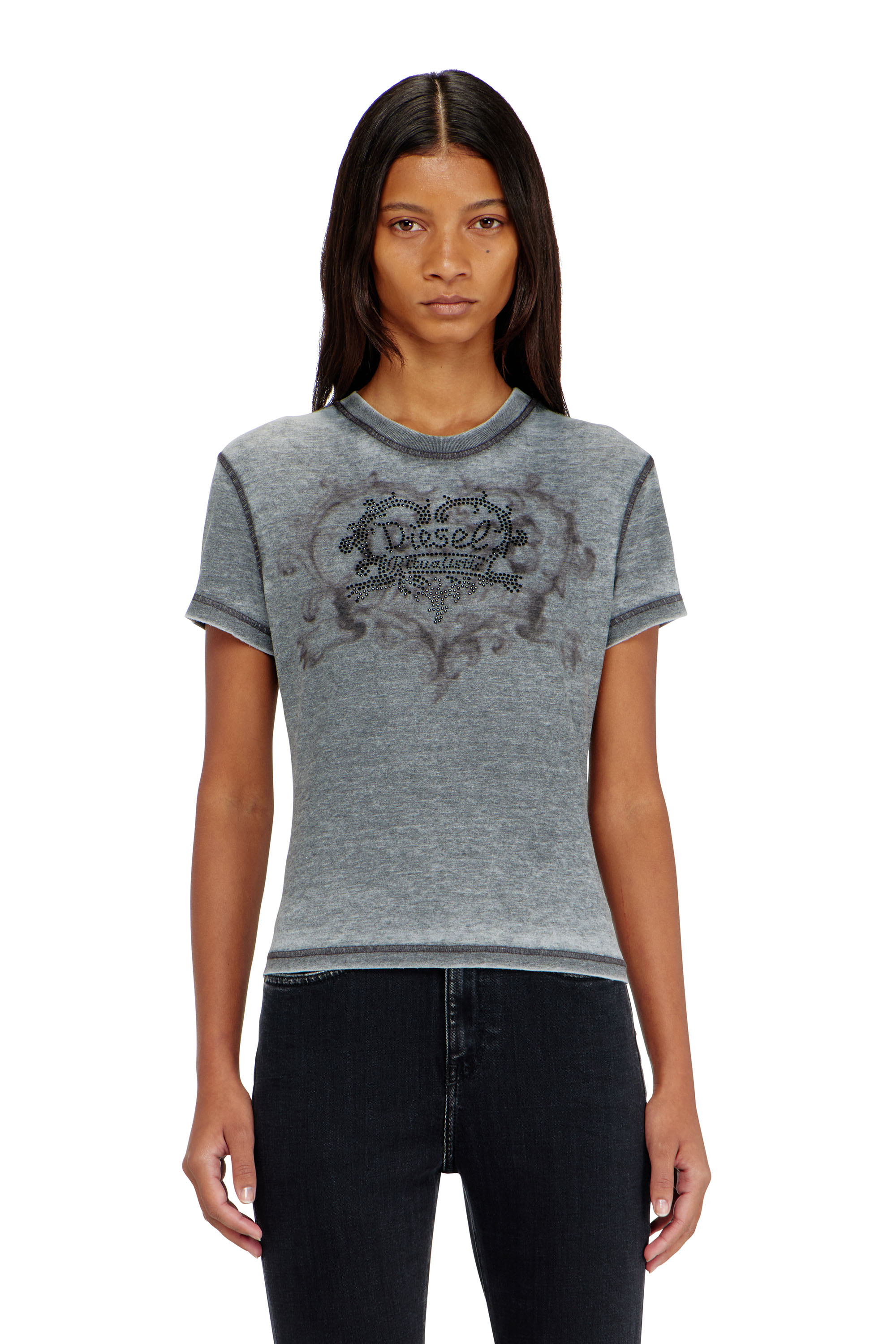 Diesel - T-ILA-AA1, T-shirt in jersey con strass ed effetto burnout Donna in Grigio - 3