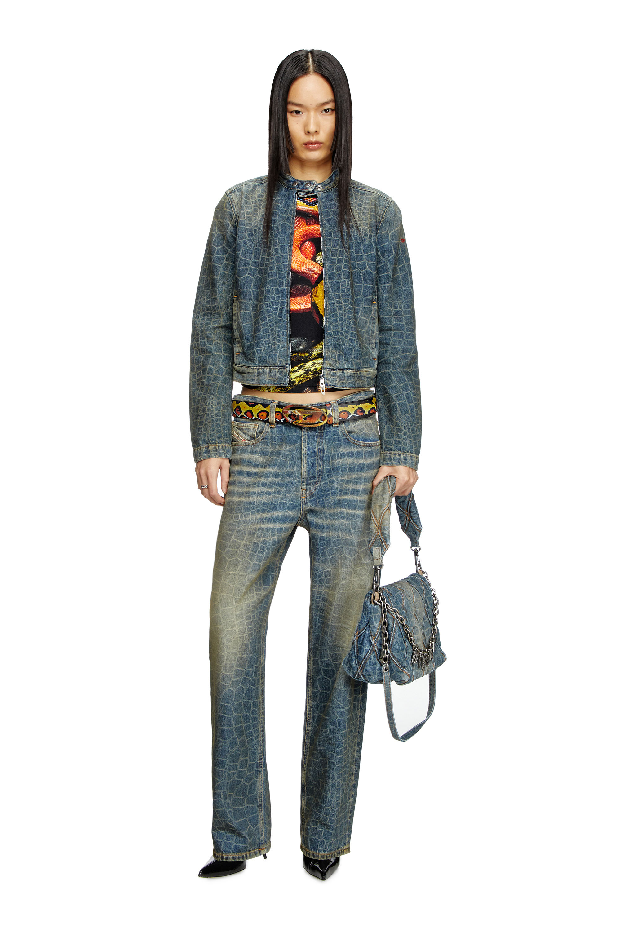 Diesel - CL-DE-MORNIN-SNAKE, Giacca stile moto in denim stampa snake Donna in Blu - 2