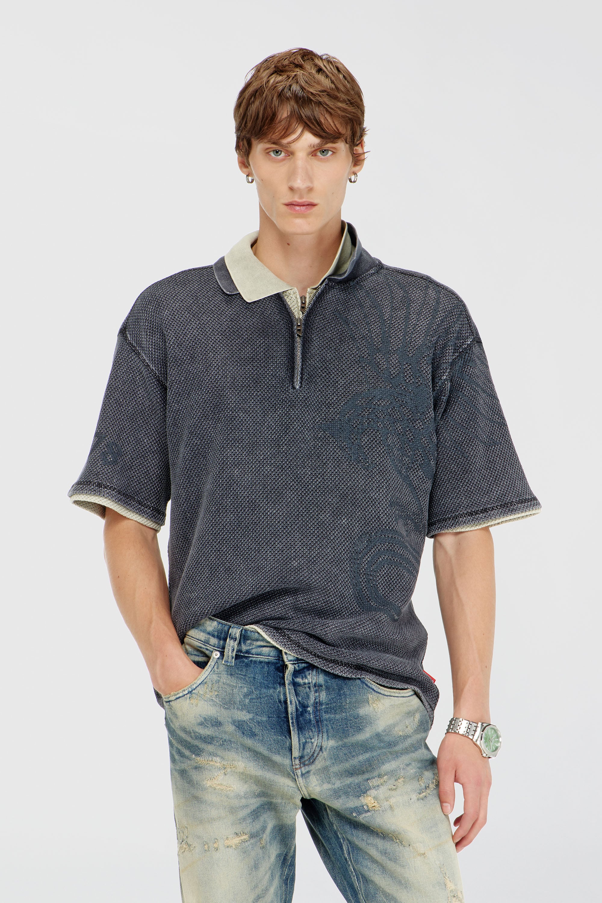 Diesel - T-ERRY-ZIP, Polo in mesh jacquard con stampa Phoenix Uomo in Grigio - 1