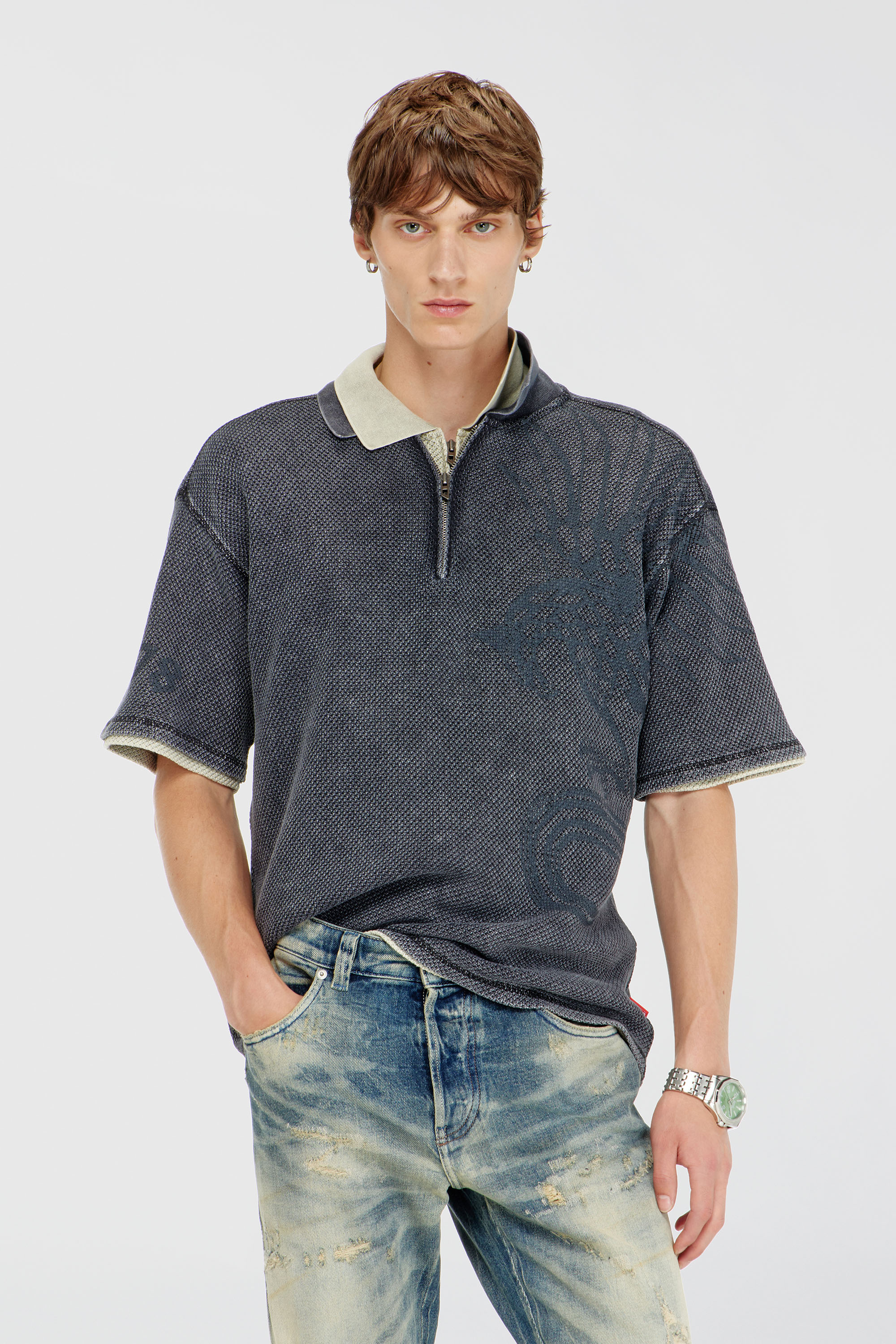 Diesel - T-ERRY-ZIP, Polo in mesh jacquard con stampa Phoenix Uomo in Grigio - 3