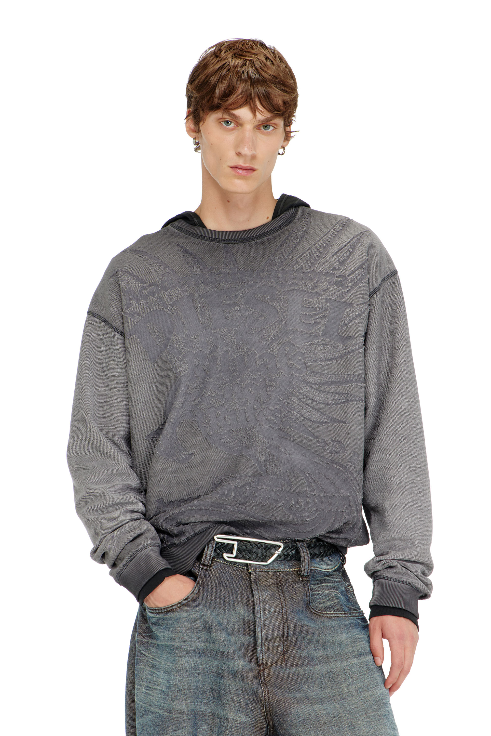 Diesel - S-ARON-RAW, Man's Sweatshirt with d&eacute;vor&eacute; print in Dark grey - 3