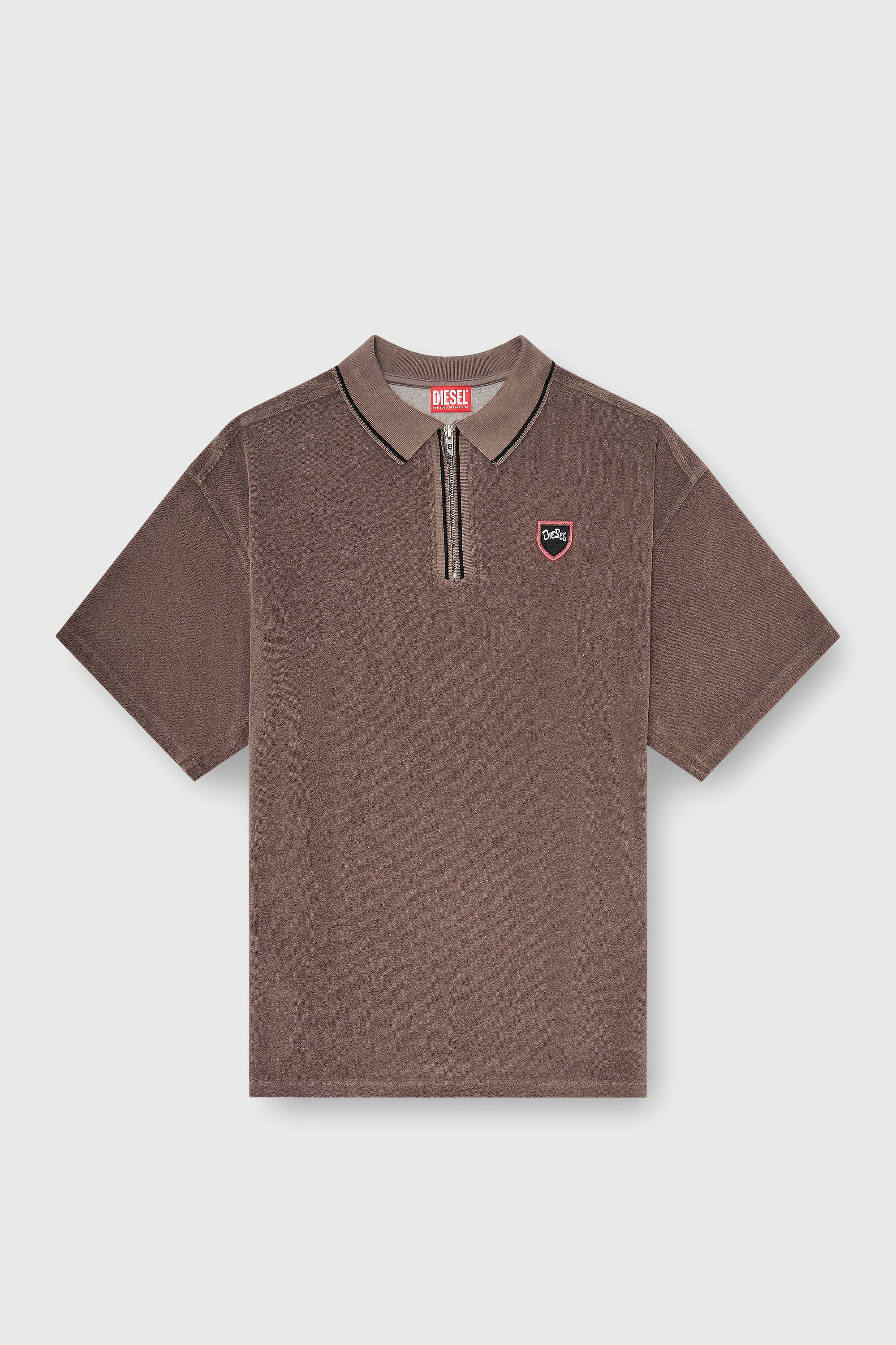 Diesel - T-SPONGY-ZIP, Polo in chenille con patch shield Uomo in Marrone - 2