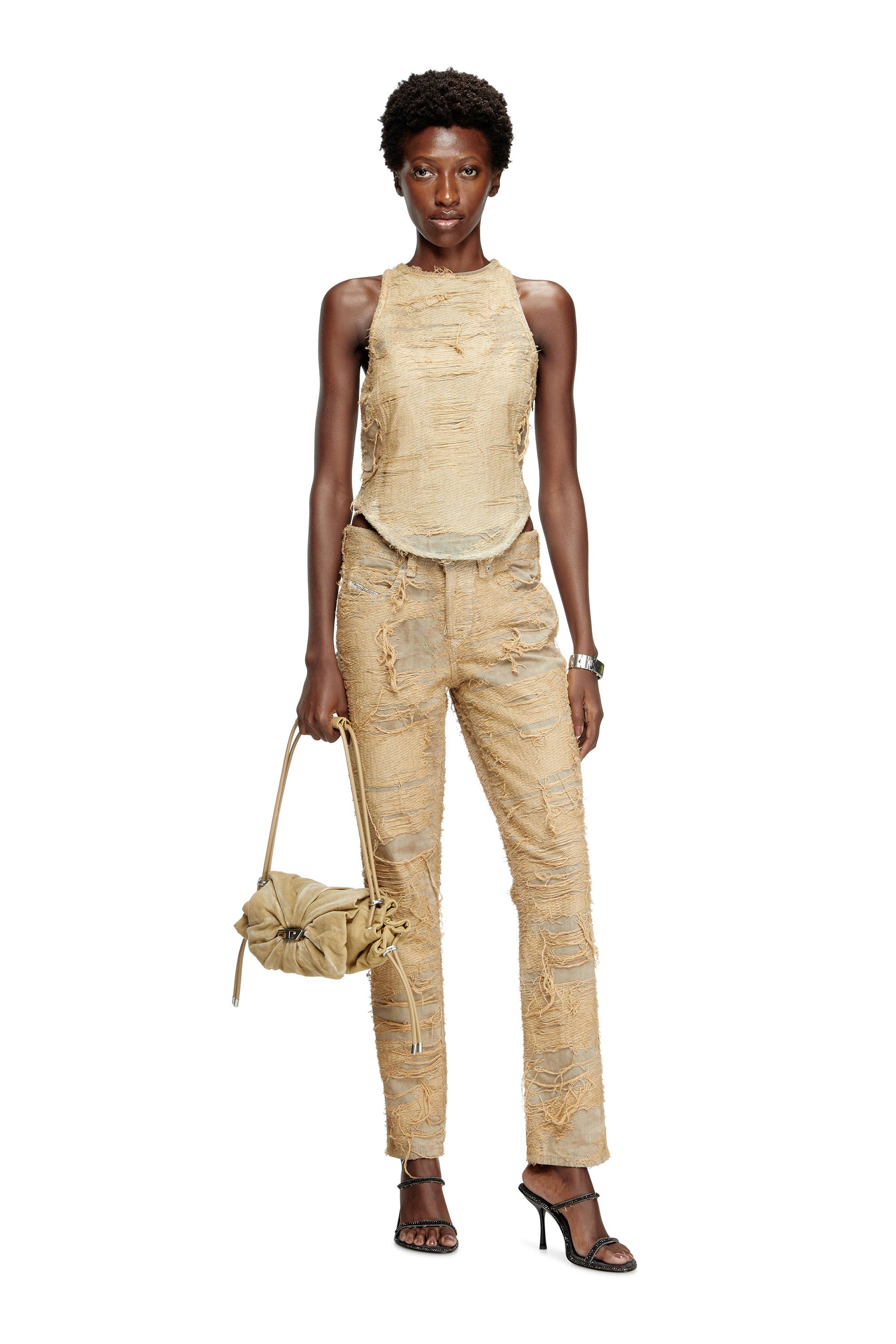 Diesel - DE-ASTRO-FSG, Top sfilacciato in denim overdyed Donna in Beige - 2