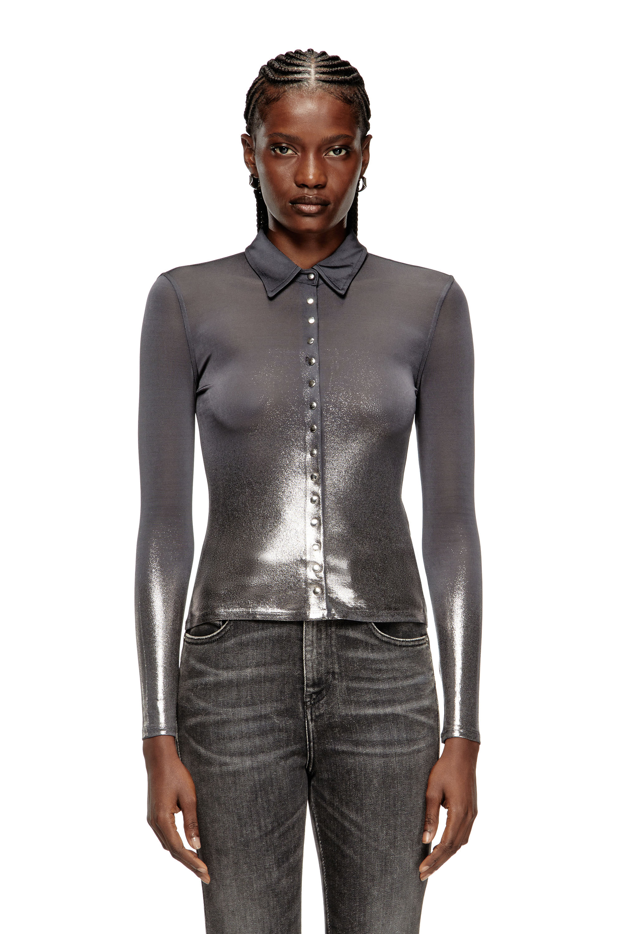 Diesel - C-POL, Camicia in acetato con bottoni Donna in Grigio - 1