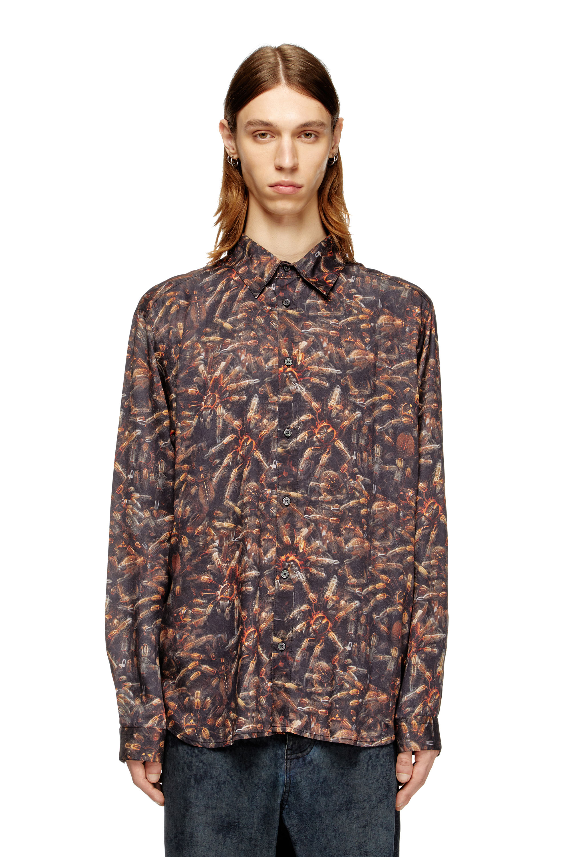 Diesel - S-SIMPLY-SPIDER-PJBK, Man's Lyocell shirt with all-over print in Black/Brown - 1