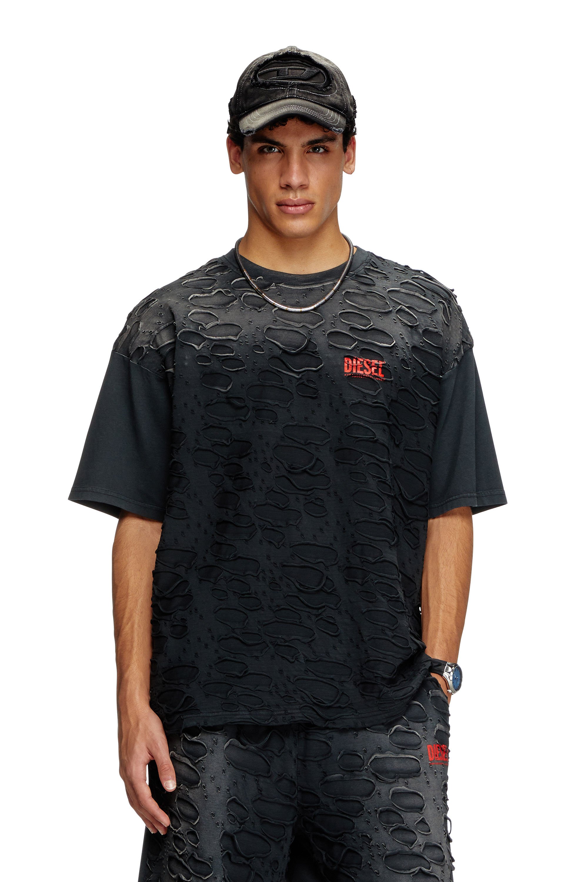 Diesel - T-BOXT-R29, T-shirt con dettaglio fori Uomo in Nero - 1