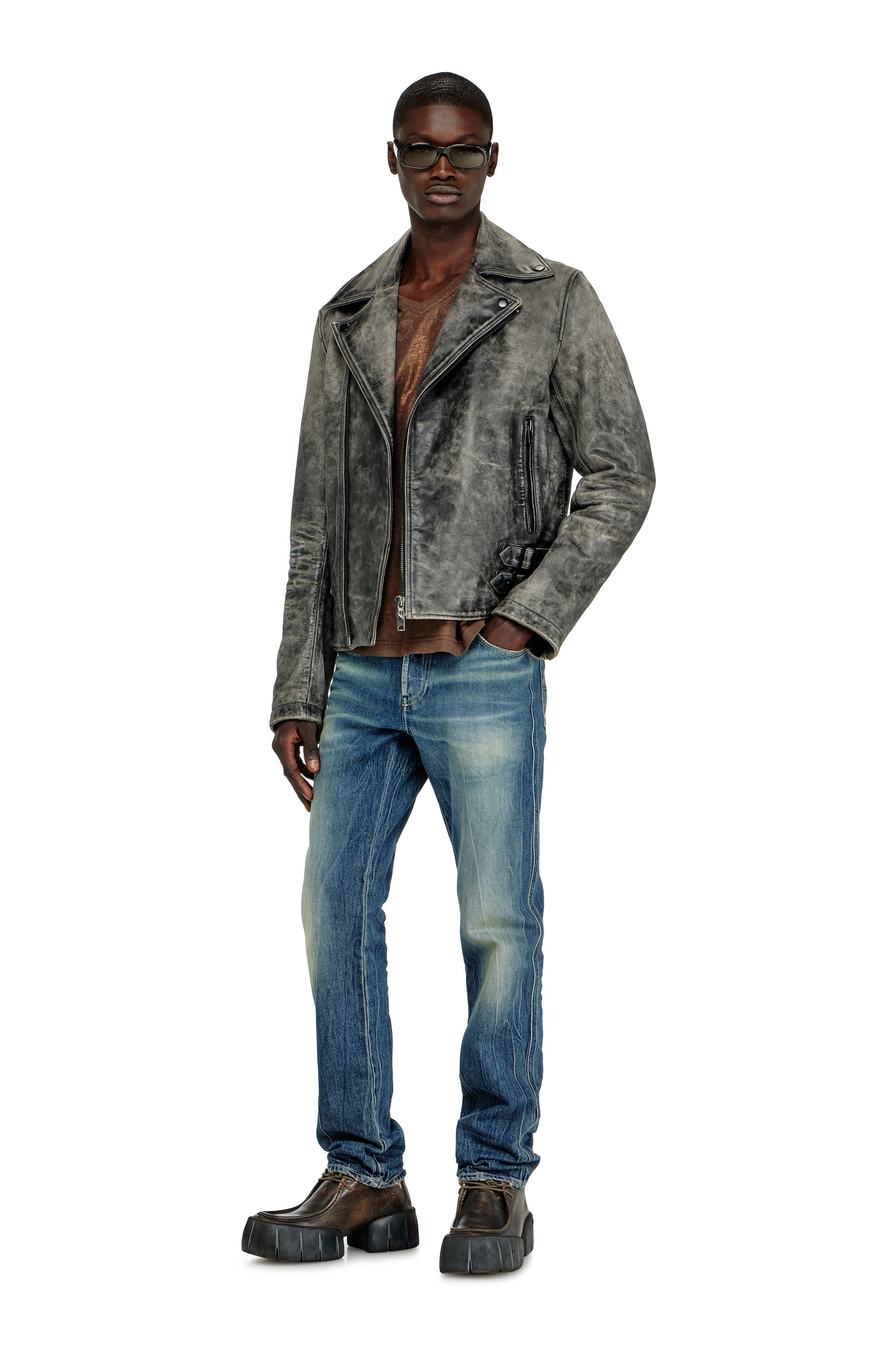 Diesel - L-EON-CJCM, Giacca biker in pelle lavorata Uomo in Grigio - 2