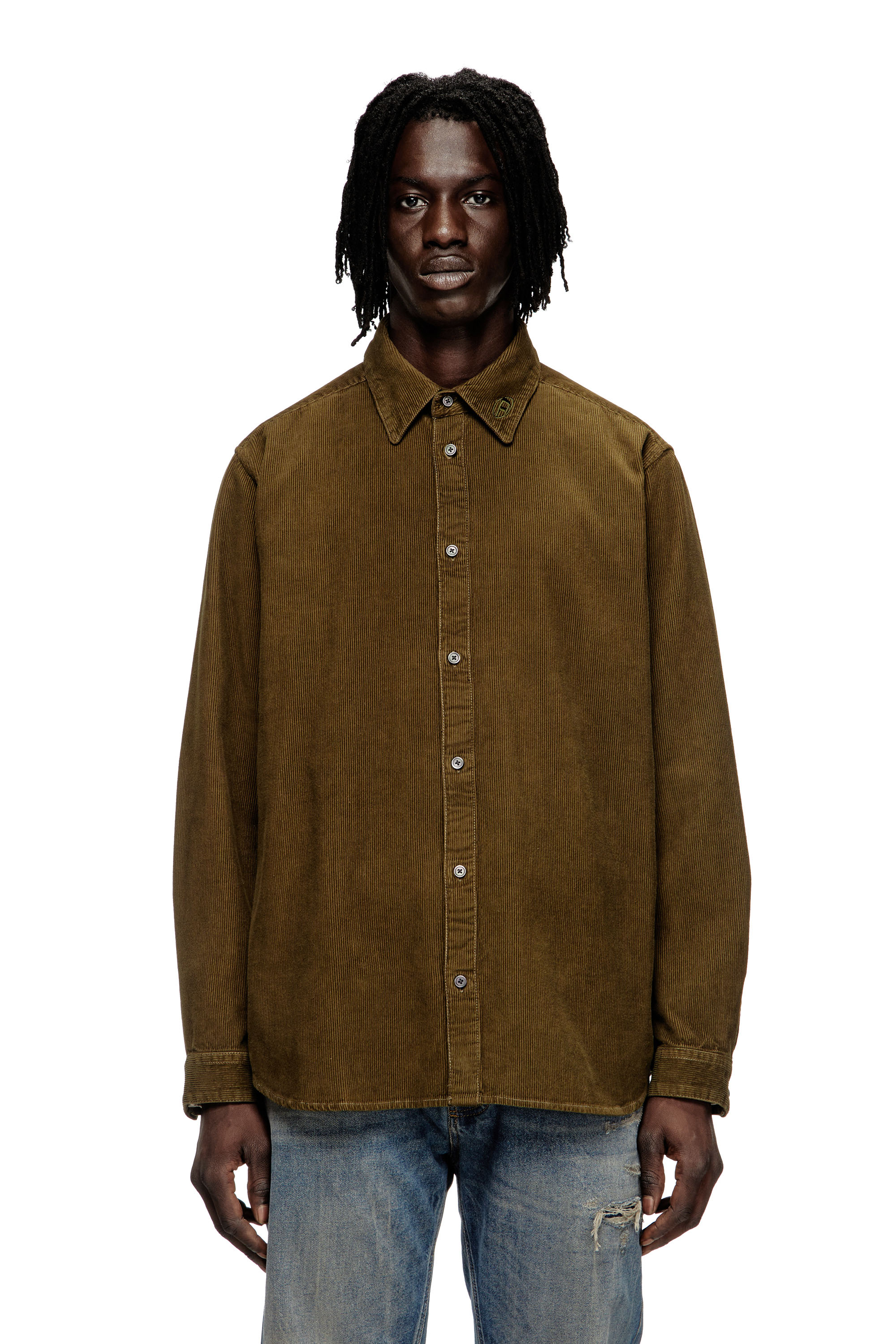 Diesel - S-SIMPLY-AJFQ, Man's Cotton shirt with embroidery on the collar in Green - 1