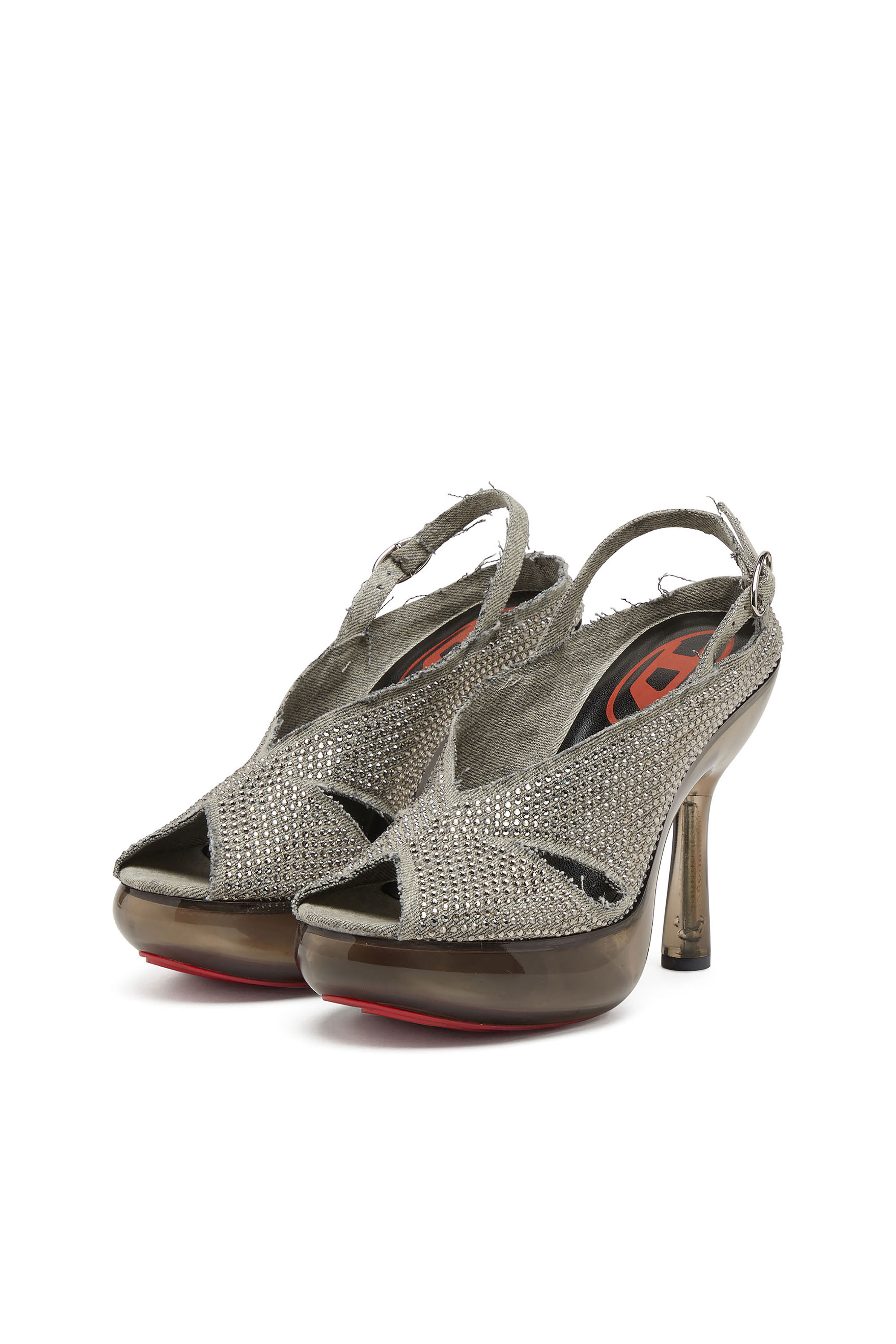 Diesel - D-LAKE PLATFORM SDL, D-Lake-Sandali platform in denim con strass e plexiglass Donna in Grigio - 7