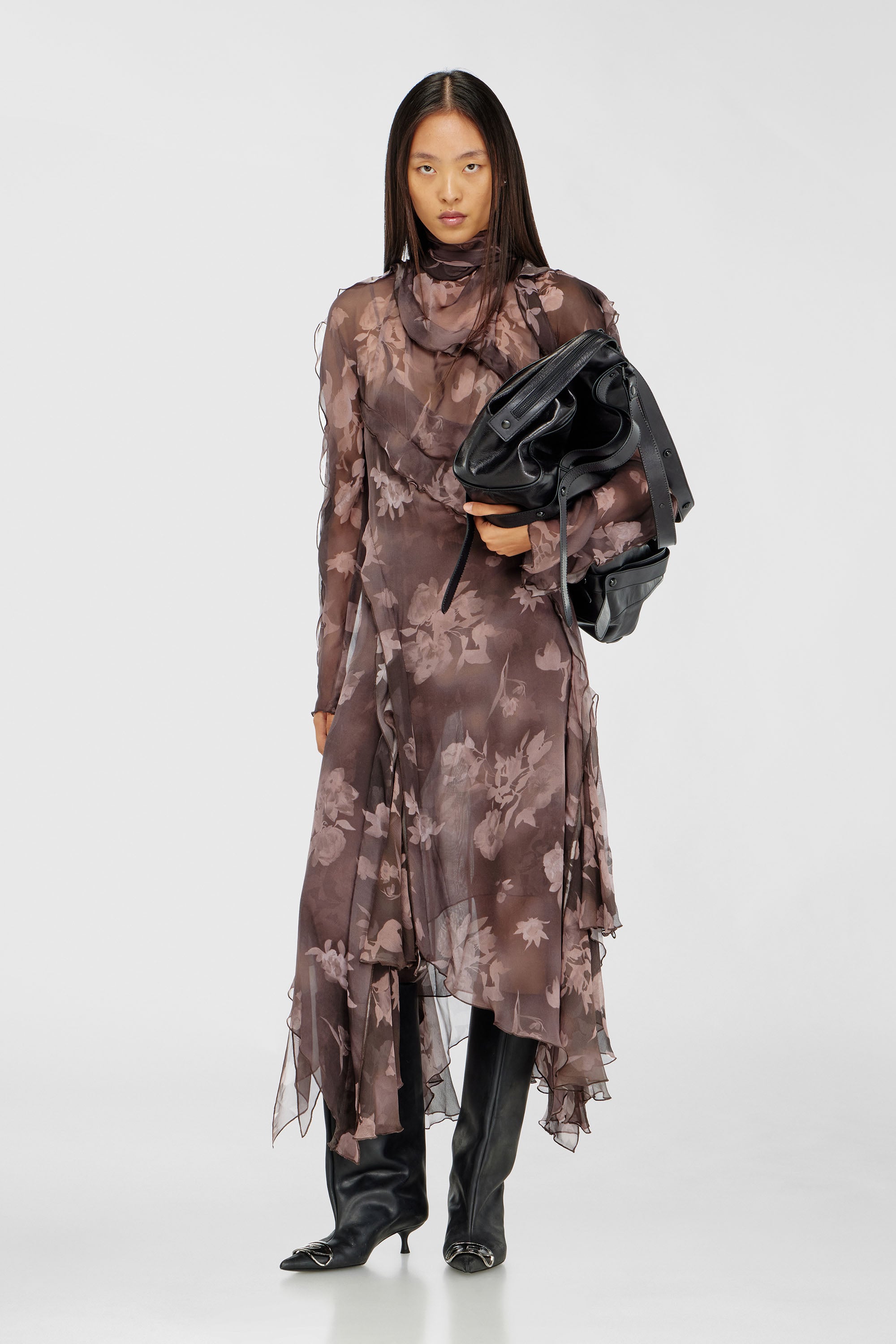 Diesel - D-RIADI, Abito midi asimmetrico in chiffon e cr&ecirc;pe di seta Donna in Marrone - 1