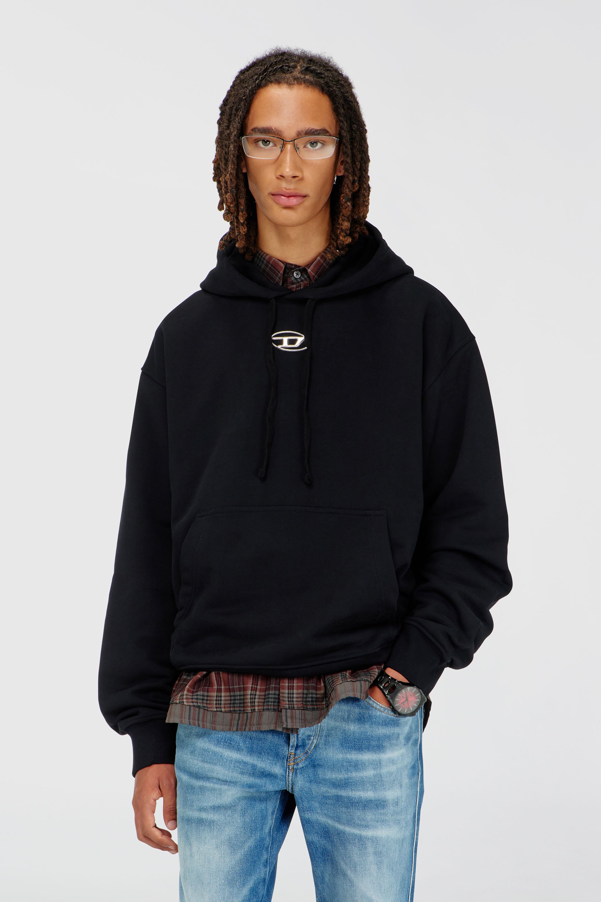 Diesel - S-MACS-HOOD-OD, Hoodie oversize con logo metallico Uomo in Nero - 1