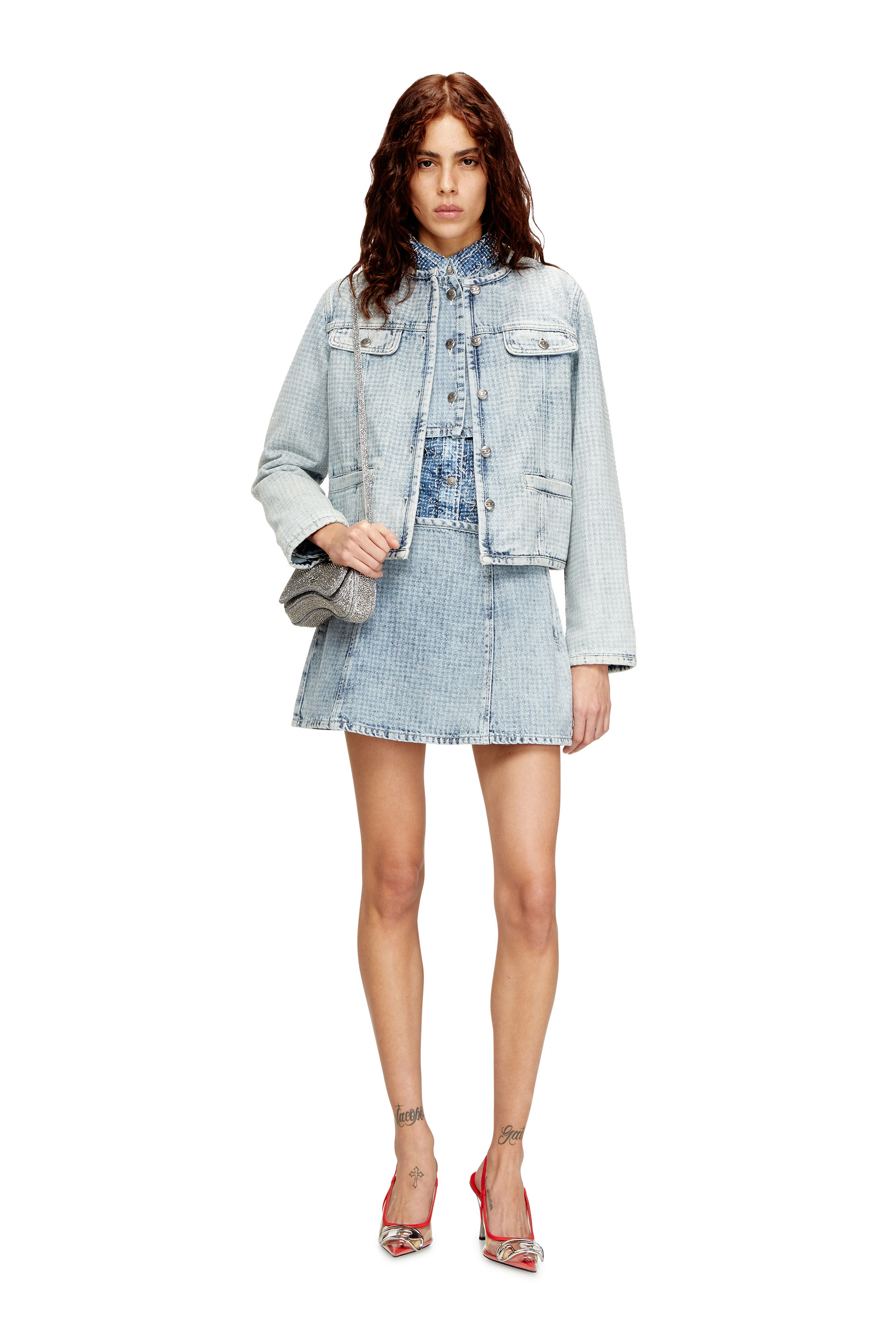 Diesel - DE-SWENY-S, Minigonna in denim con motivo grafico e cristalli Donna in Blu - 1