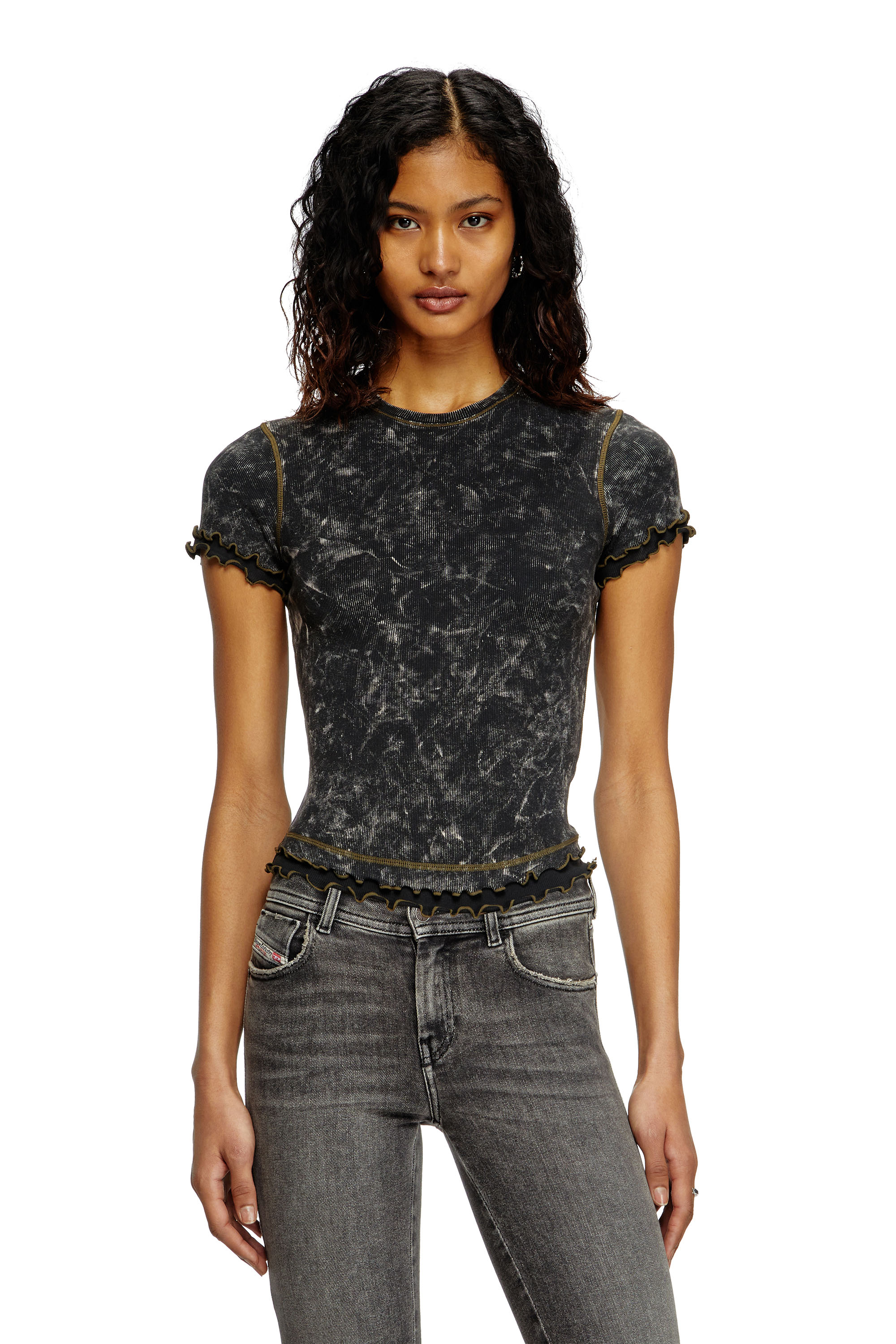 Diesel - T-FLU, T-shirt effetto marble con balze Donna in Nero - 3