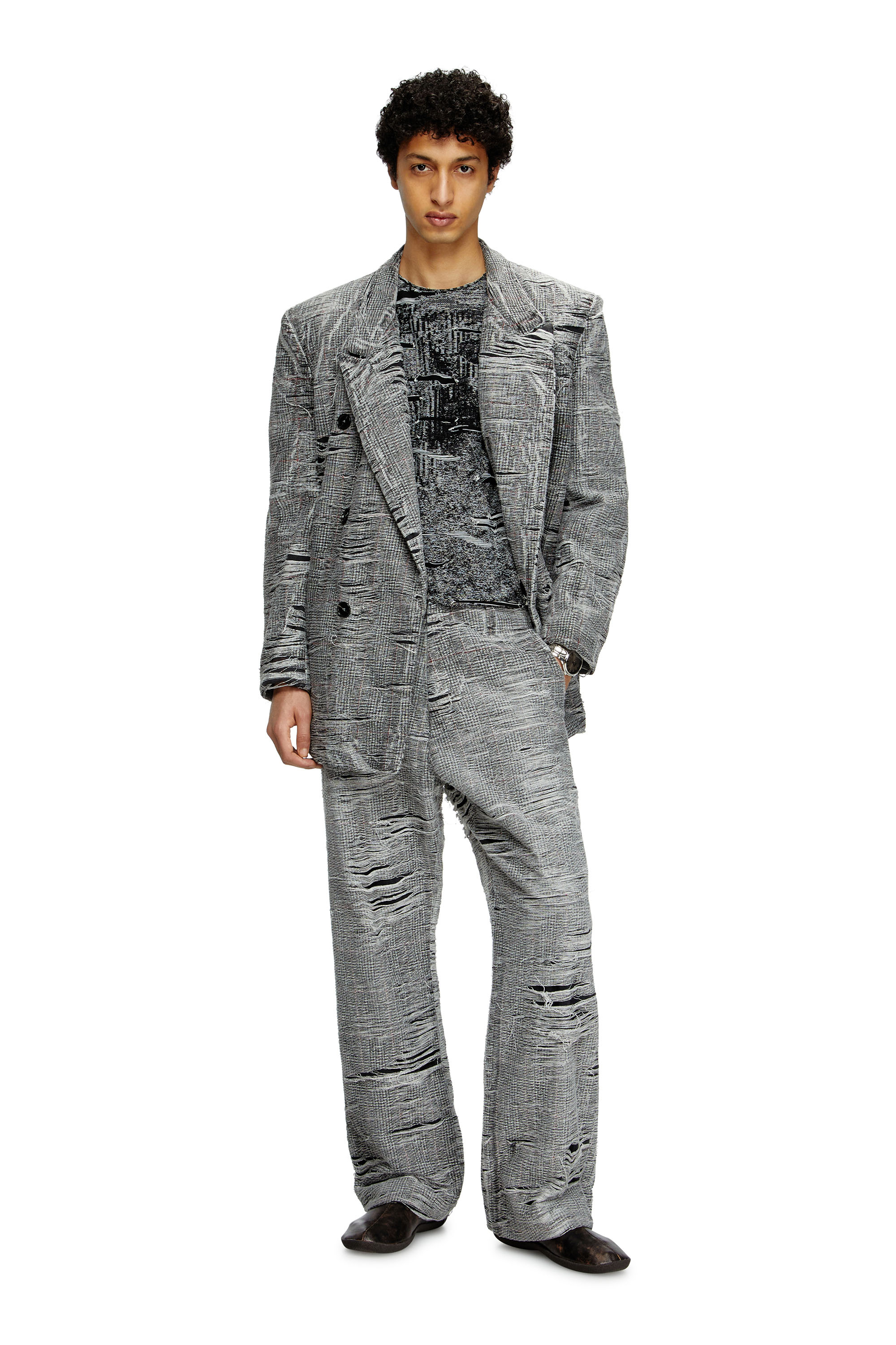 Diesel - D-PEKKA-FSG, Blazer in denim distressed Principe di Galles Uomo in Grigio - 2