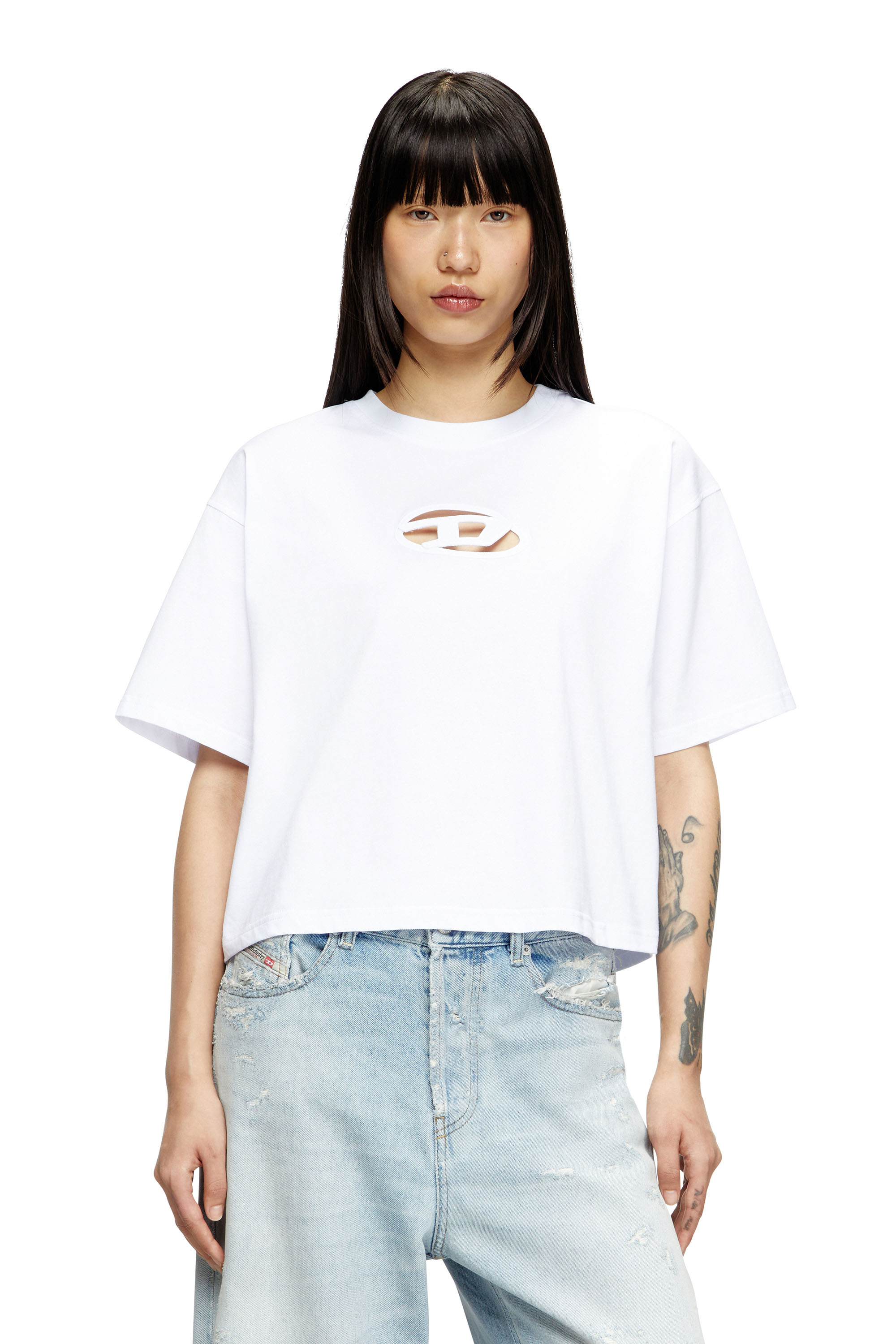 Diesel - T-BUXT-CROP-OD, T-shirt boxy con Oval D cut-out Donna in Bianco - 1