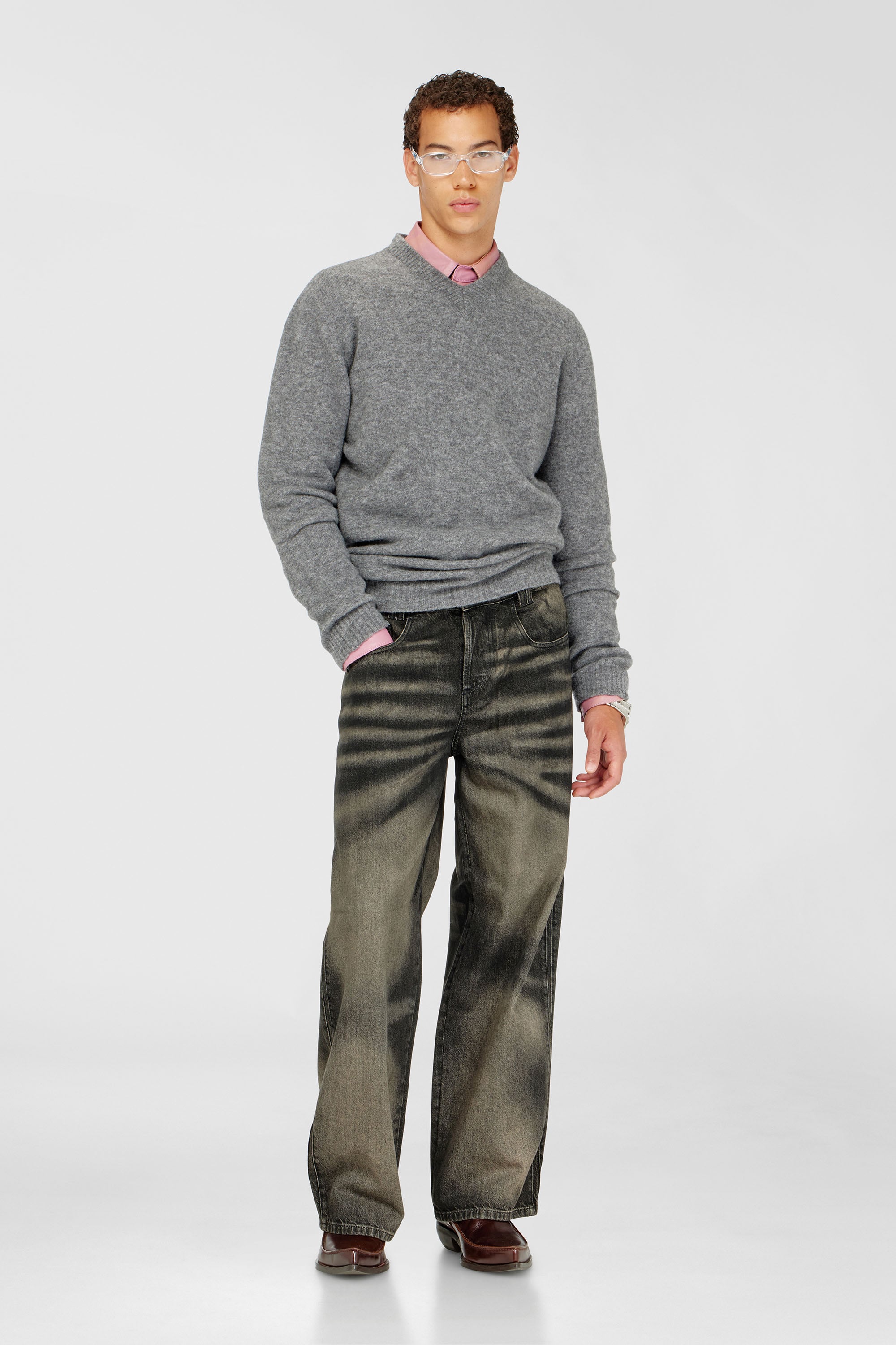 Diesel - K-ANDIE, Maglione con scollo a V in maglia follata dalla texture increspata Uomo in Grigio - 1