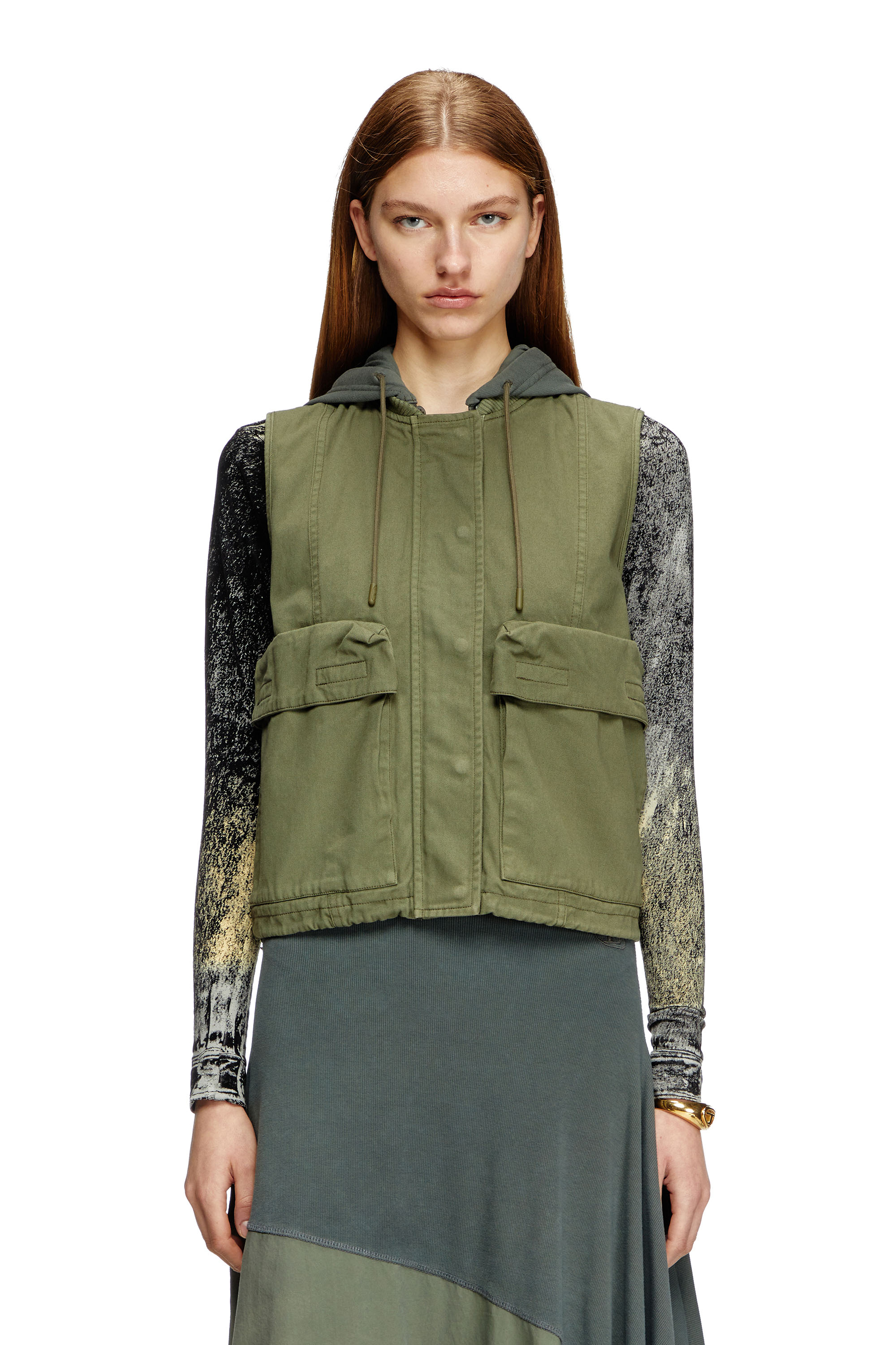 Diesel - G-ENESIS, Gilet con cappuccio in twill di cotone Donna in Verde - 1