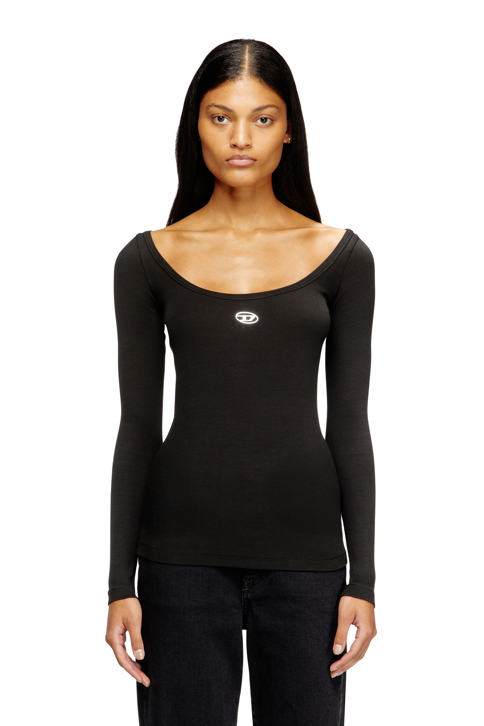 Diesel - T-BAL-OD, Woman's Long sleeve ribbed top with metallic Oval D in Black - 3