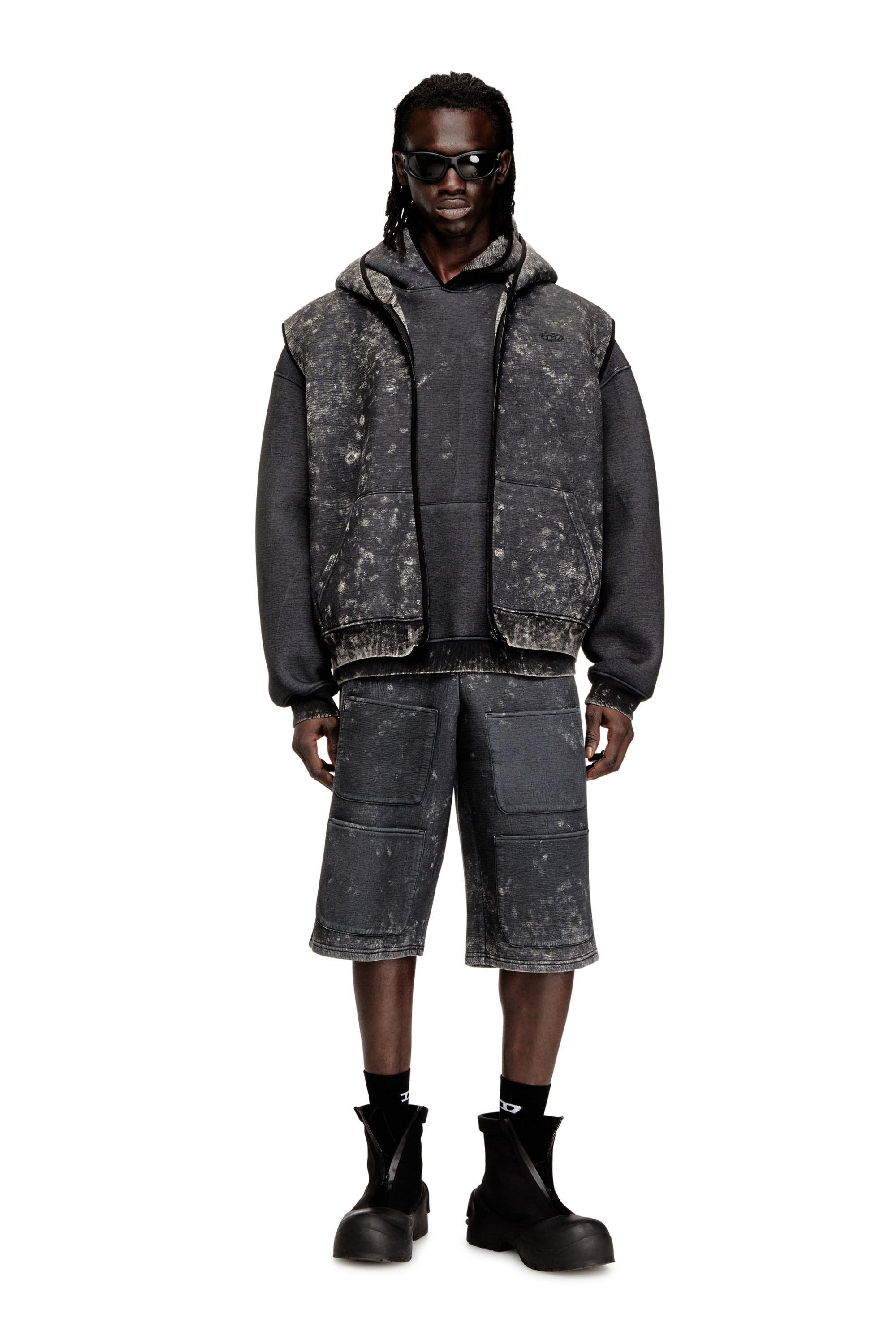 Diesel - S-TYP, Short a gamba ampia in scuba effetto marmorizzato Unisex in Nero - 6