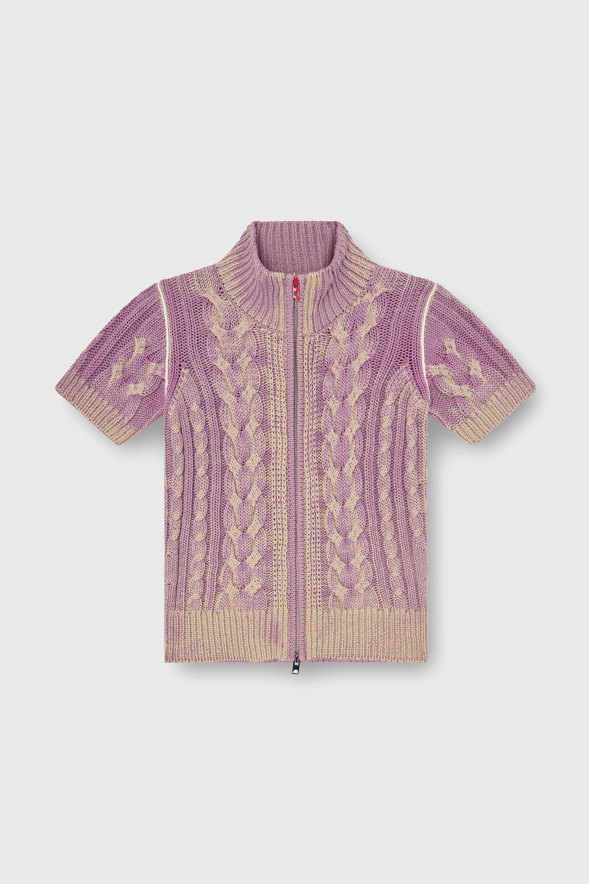 Diesel - M-ELANA, Woman's Short-sleeve zip cardigan in cable knit in Beige/Violet - 2
