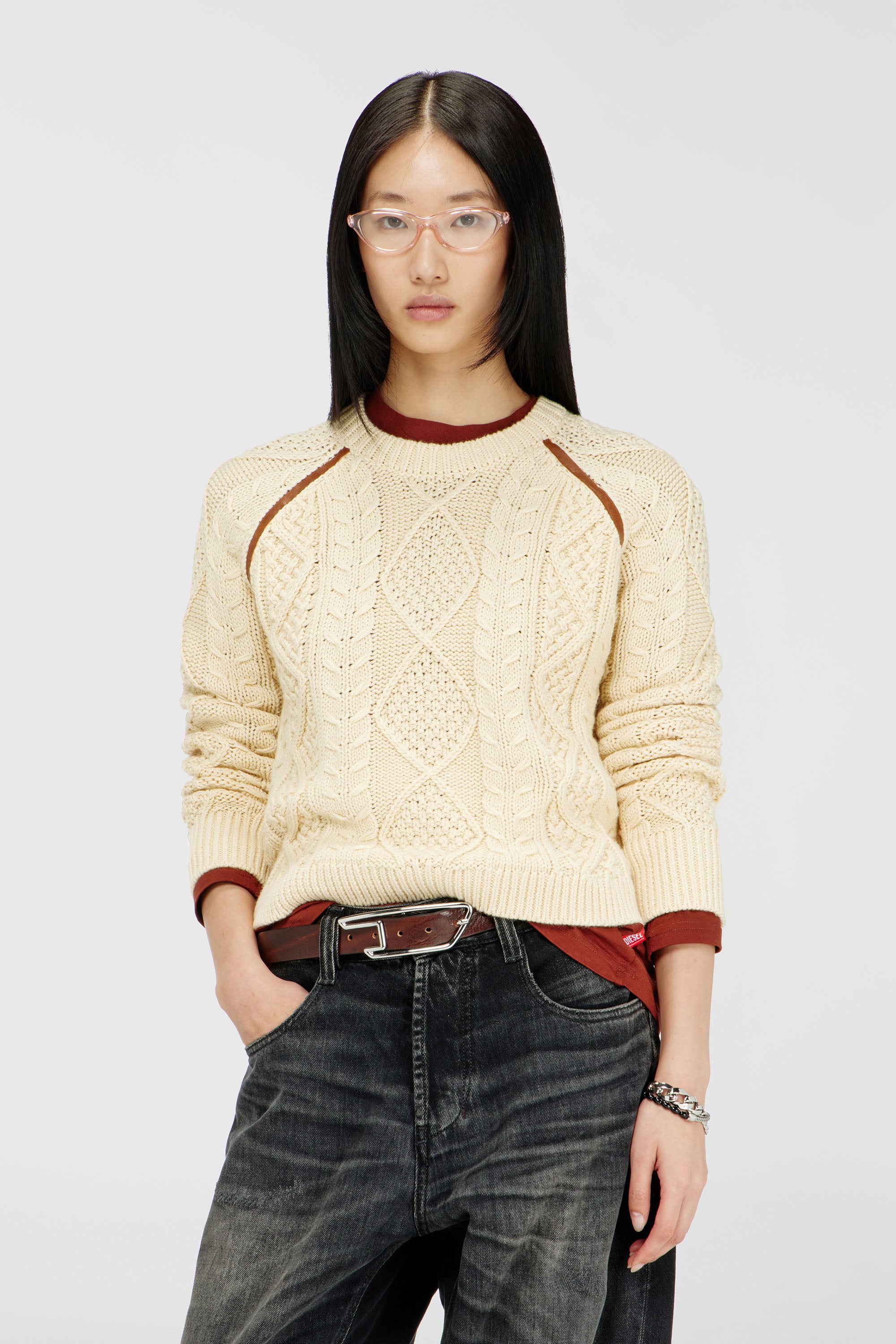 Diesel - M-INTANA, Maglione a trecce con bande a contrasto Donna in Giallo - 1