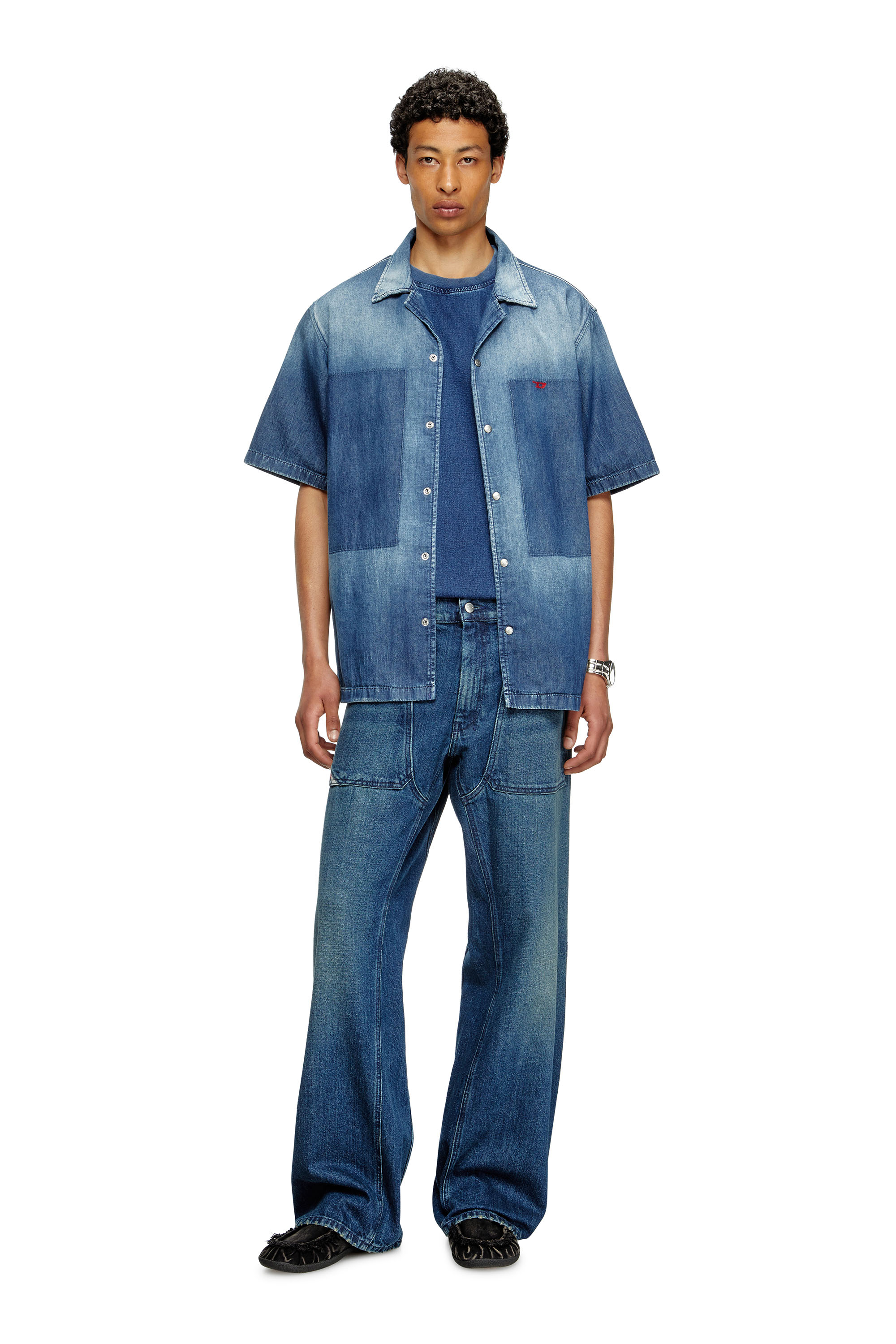 Diesel - D-NABIL-D, Camicia bowling con denim a contrasto Uomo in Blu - 2