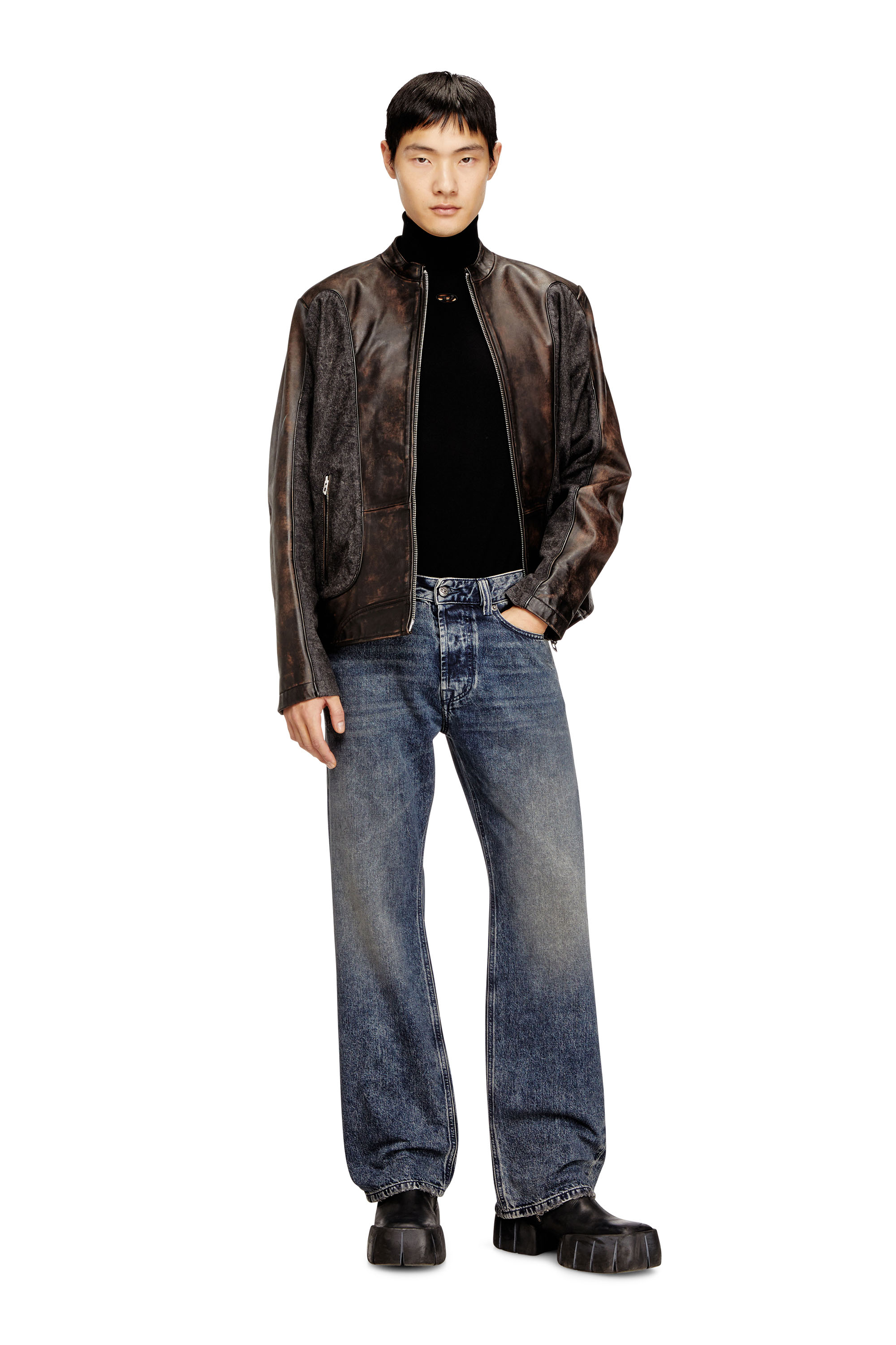 Diesel - L-KRILL-DNM, Man's Piped biker jacket in leather and denim in Brown - 2