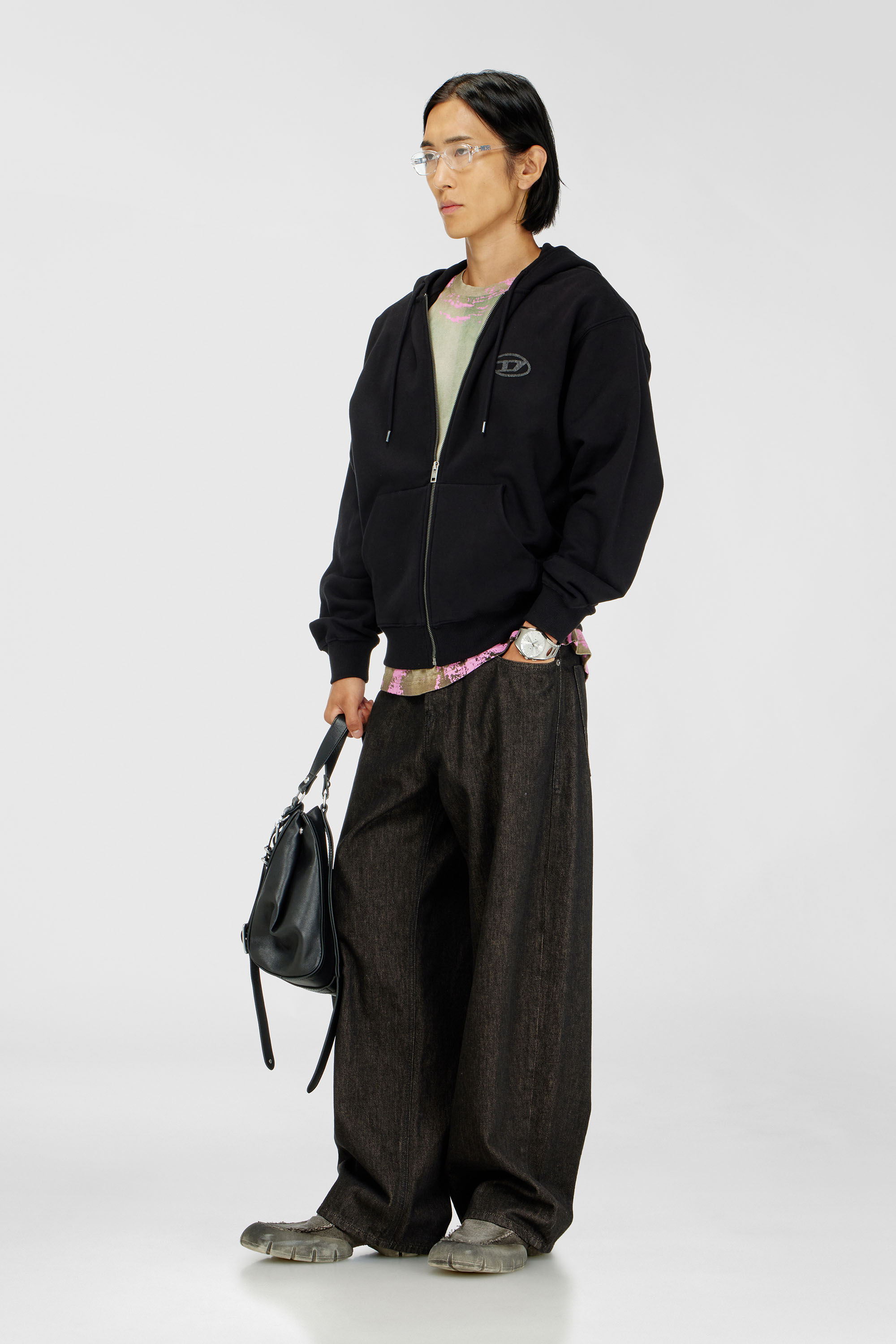Diesel - S-LUK-HZ-T92, Felpa con cappuccio in cotone con ricamo Oval D tono su tono Uomo in Nero - 1