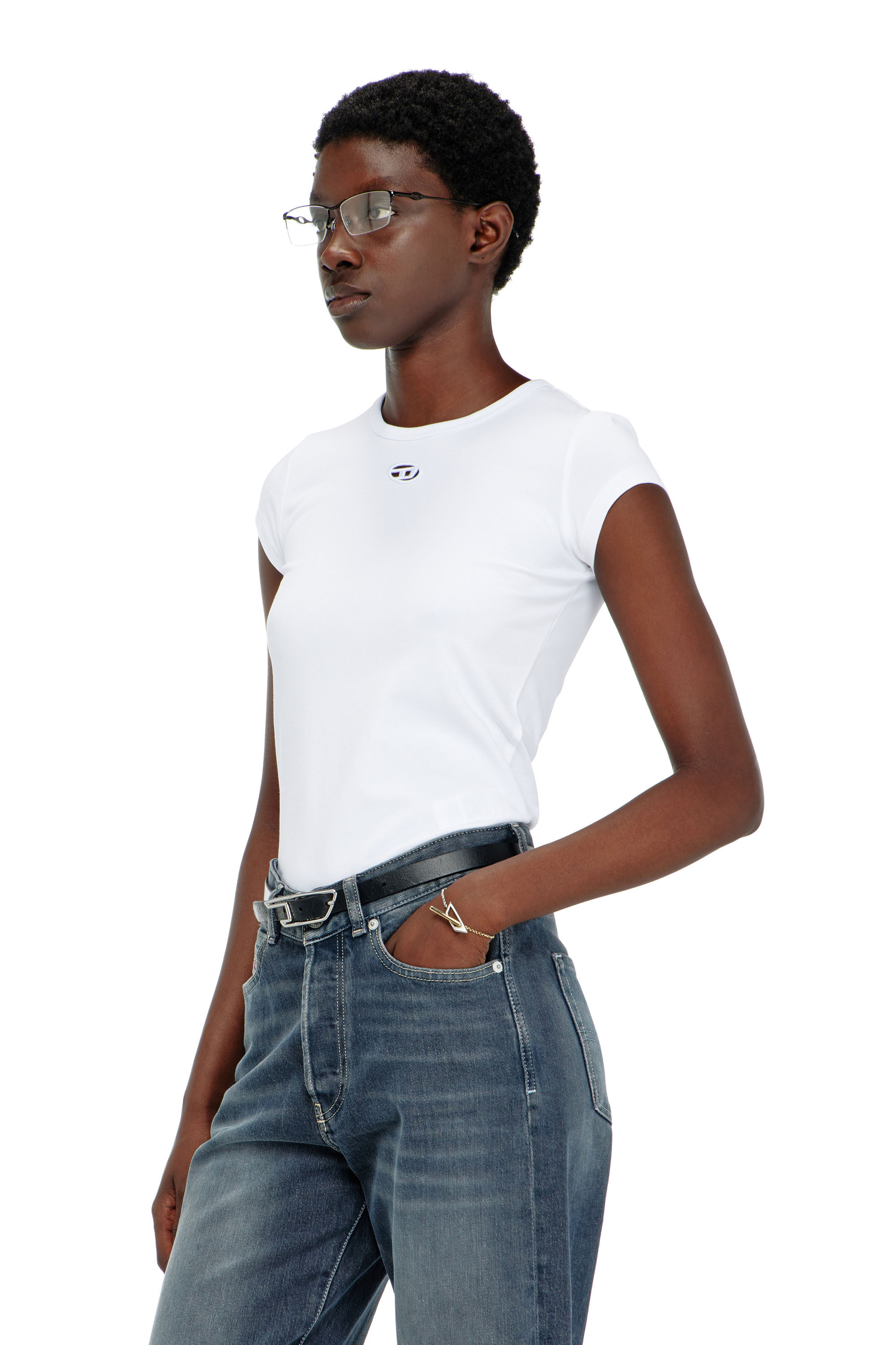 Diesel - T-ANGIE-OD, T-shirt con piccolo cut-out ricamato Donna in Bianco - 1