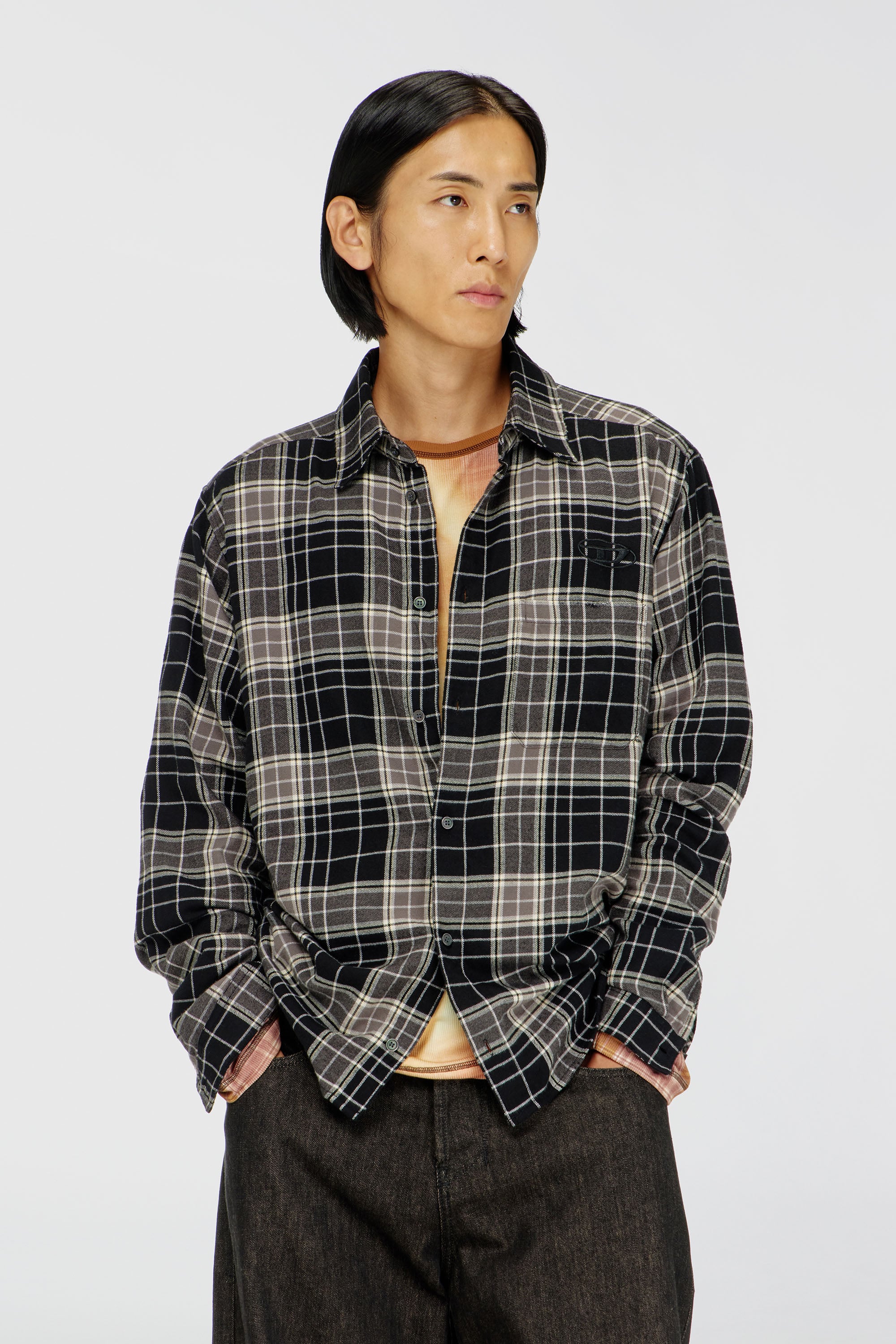 Diesel - S-SIMPLY-HNBI, Man's Distressed shirt in check flannel in Black/Grey - 1