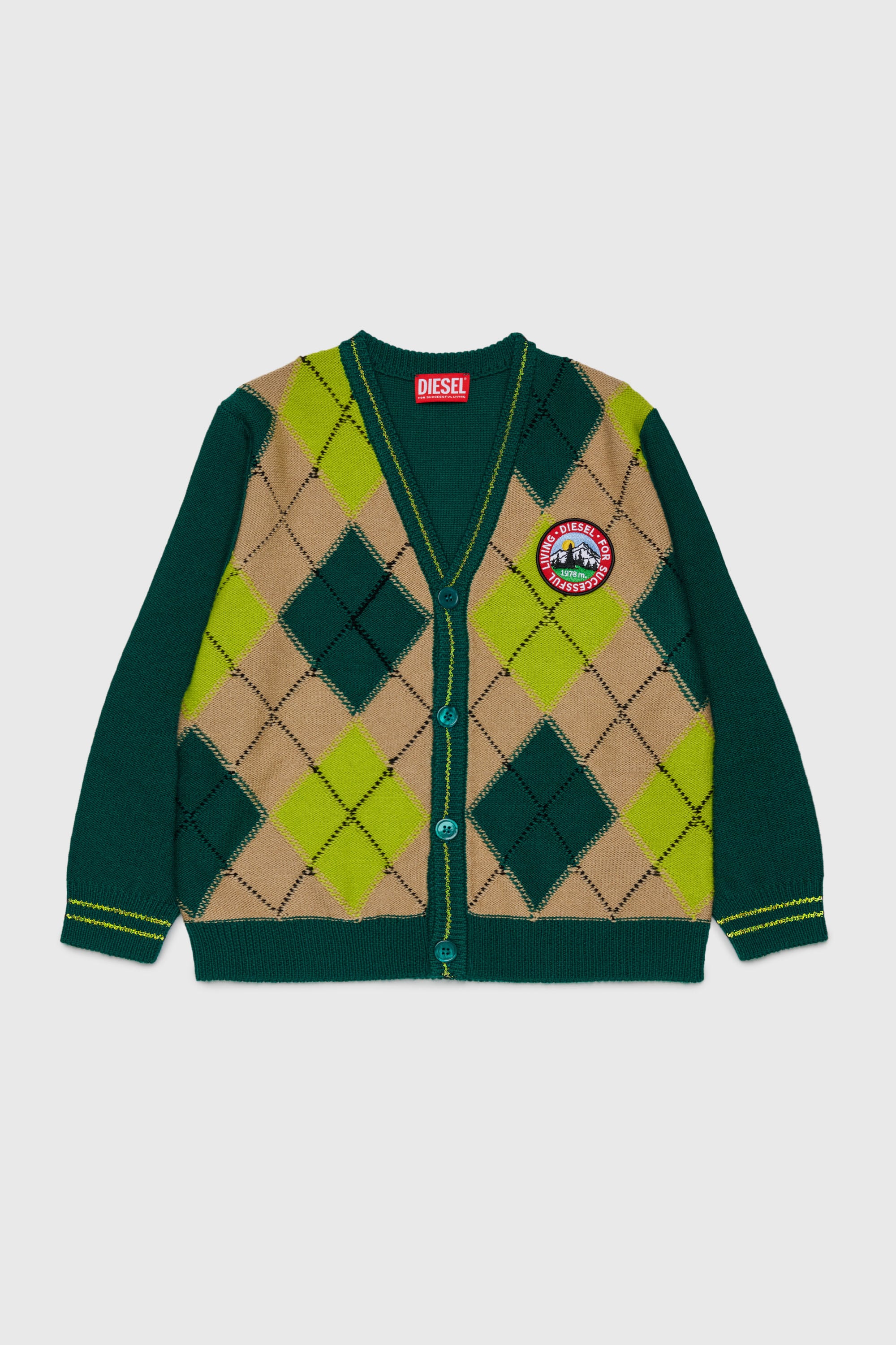 Diesel - KROMYCARDIGAN OVER, Cardigan in misto lana con motivo argyle Unisex in Verde - 1