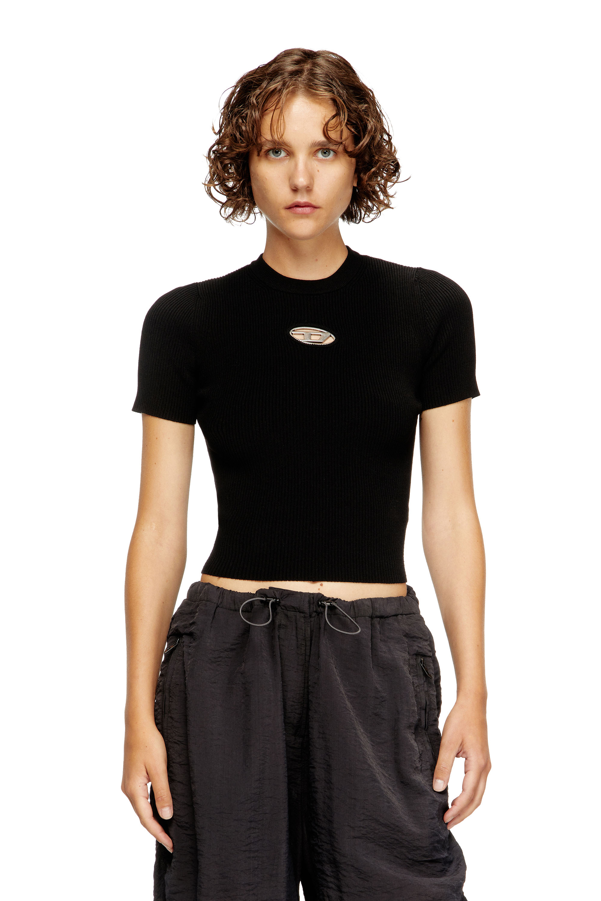 Diesel - M-VALARI-SS, Maglia a manica corta con Oval D metallico Donna in Nero - 3