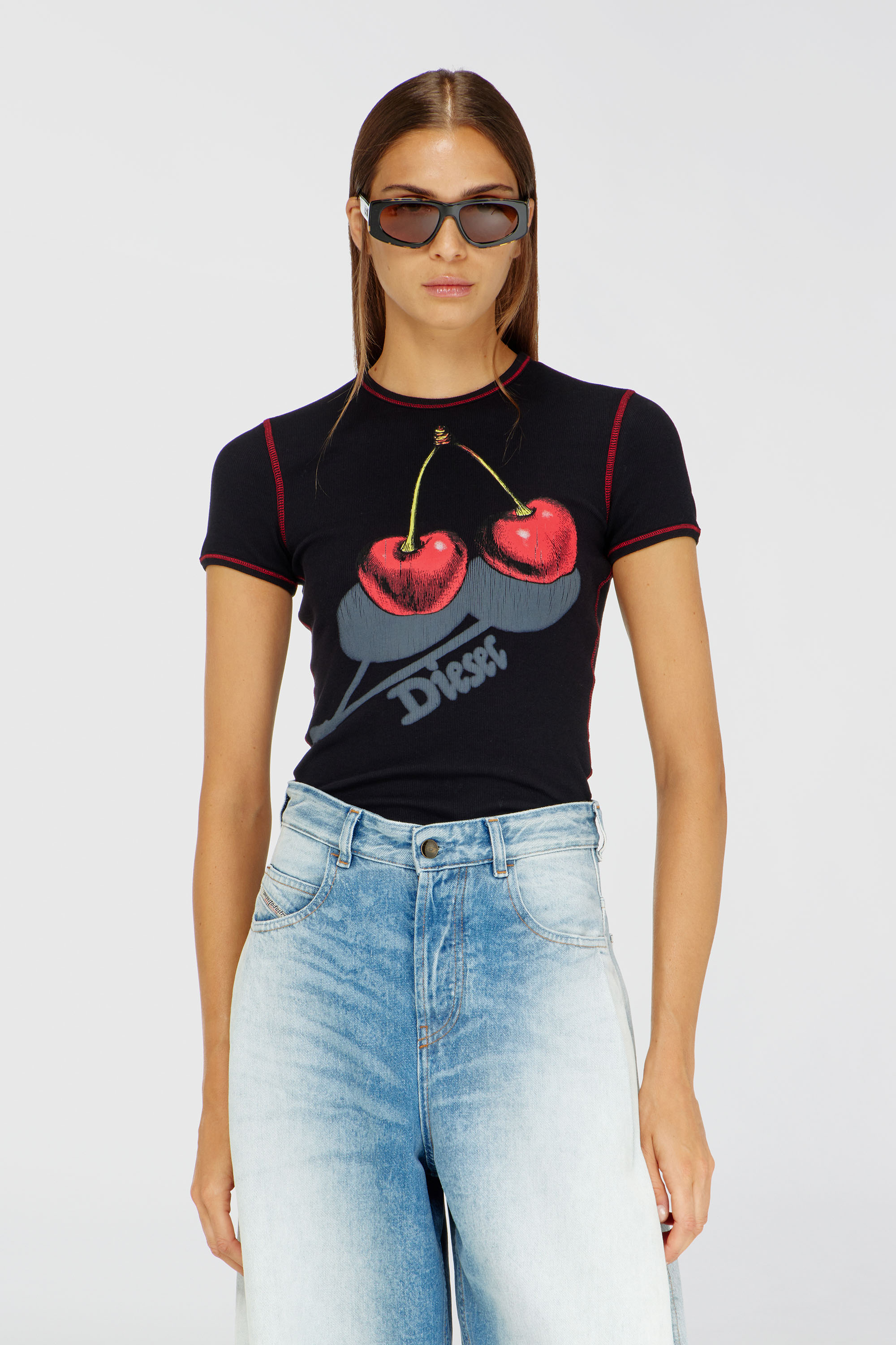 Diesel - SV-T-ELE-CHER, T-shirt slim fit donna in cotone Donna in Nero - 3