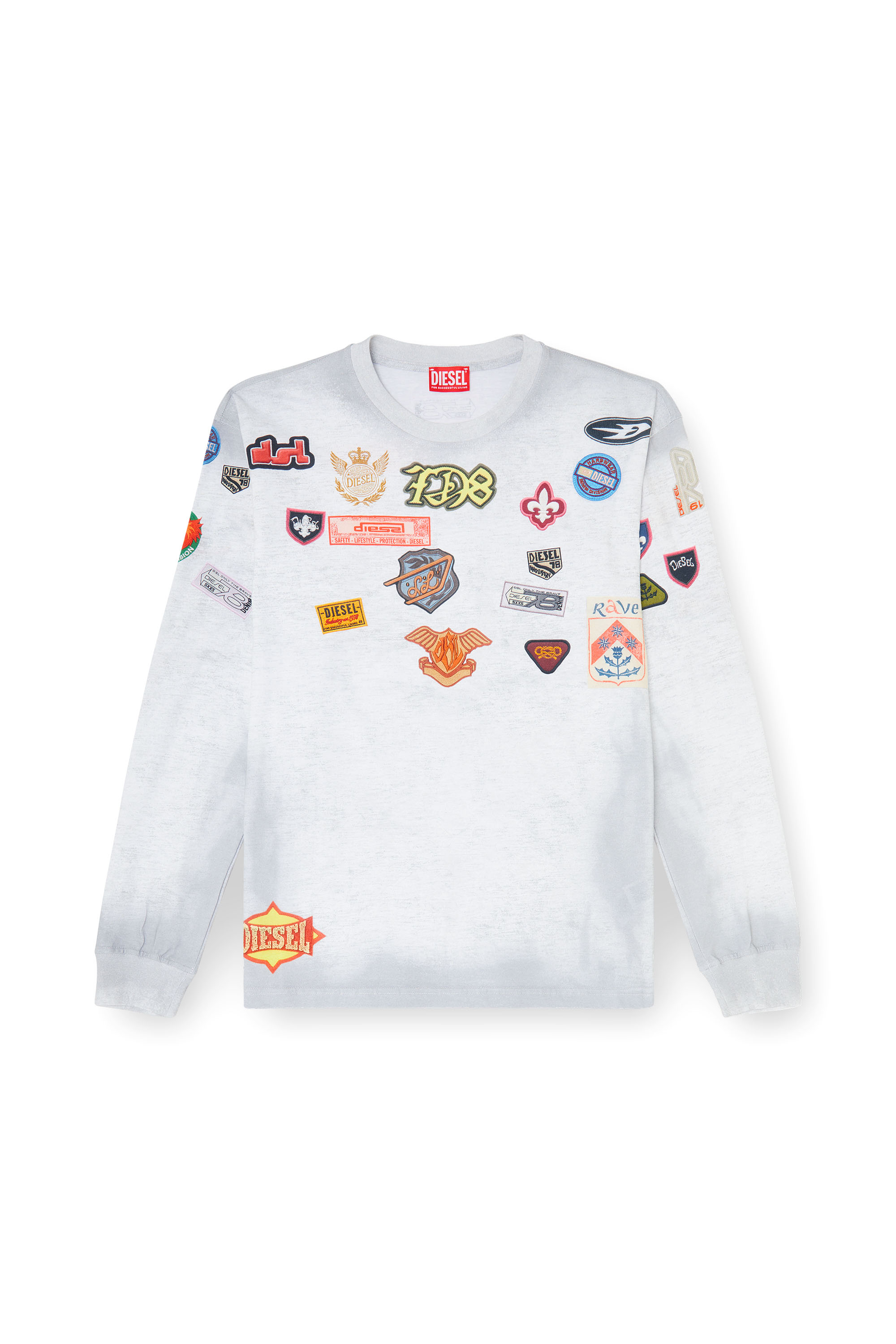 Diesel - T-NORME-LS-PATCHES, T-shirt a manica lunga con stampa patch all-over Uomo in Bianco - 3