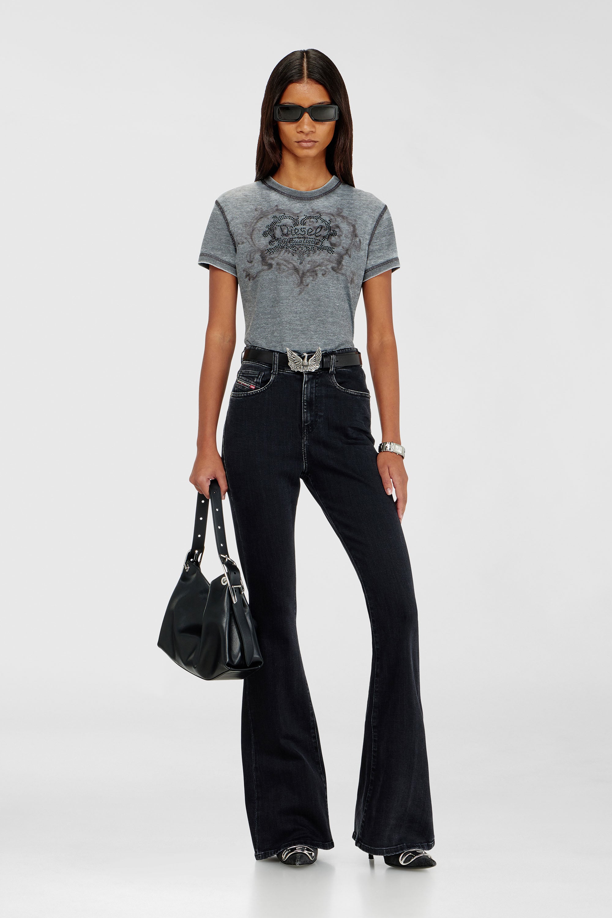 Diesel - T-ILA-AA1, T-shirt in jersey con strass ed effetto burnout Donna in Grigio - 1