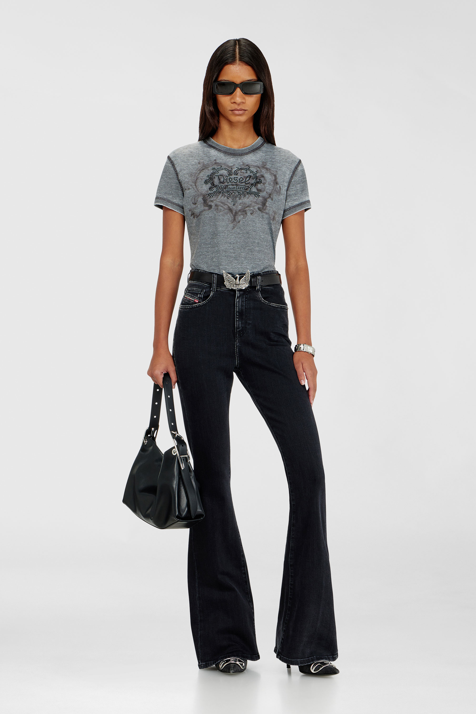 Diesel - T-ILA-AA1, T-shirt in jersey con strass ed effetto burnout Donna in Grigio - 1