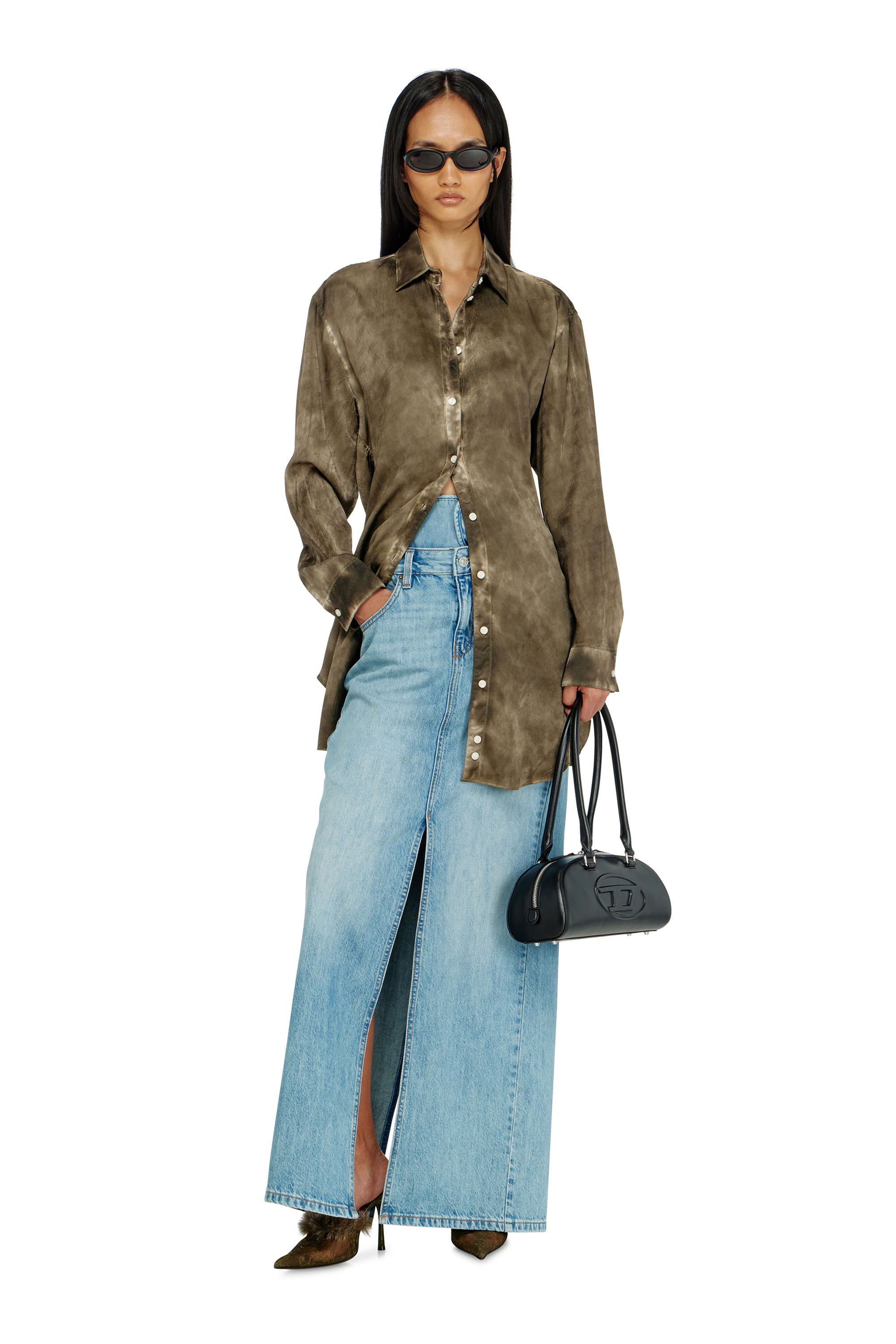 Diesel - C-LAVEL, Camicia lunga in raso crinkle jacquard con logo Donna in ToBeDefined - 1