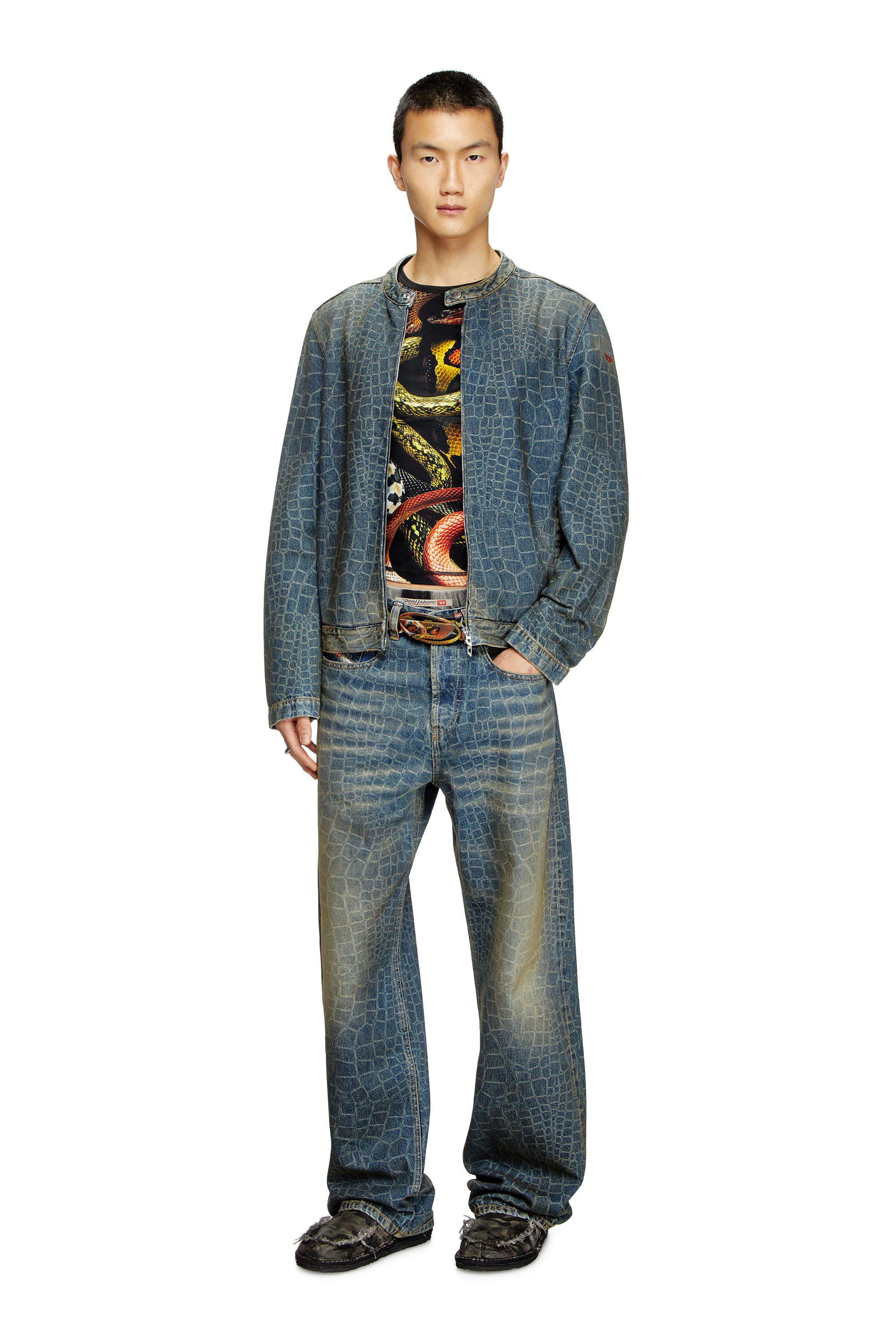 Diesel - CL-D-GLORY-SNAKE, Man's Moto jacket in snake-print denim in Dark Blue - 2