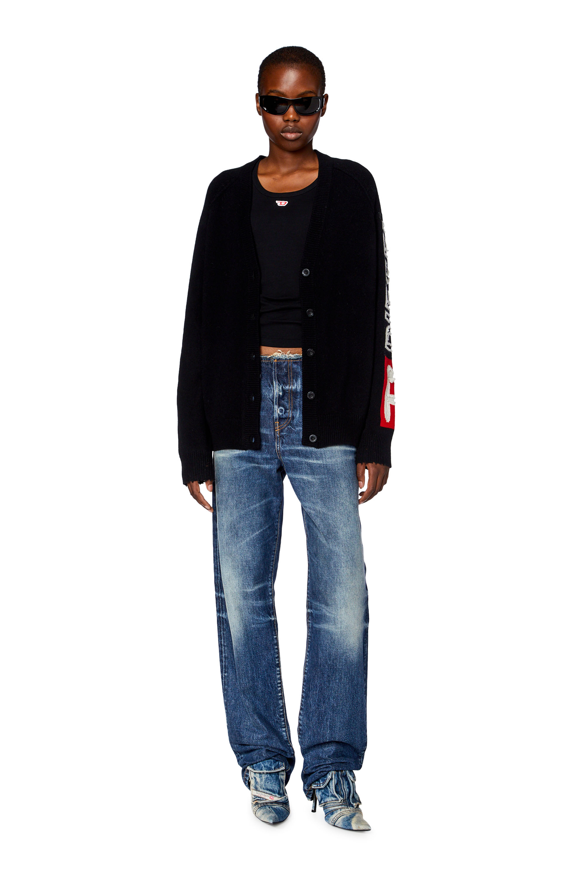 Diesel - M-SARRI, Woman's Cardigan in wool with cut-up logo in Black - 2