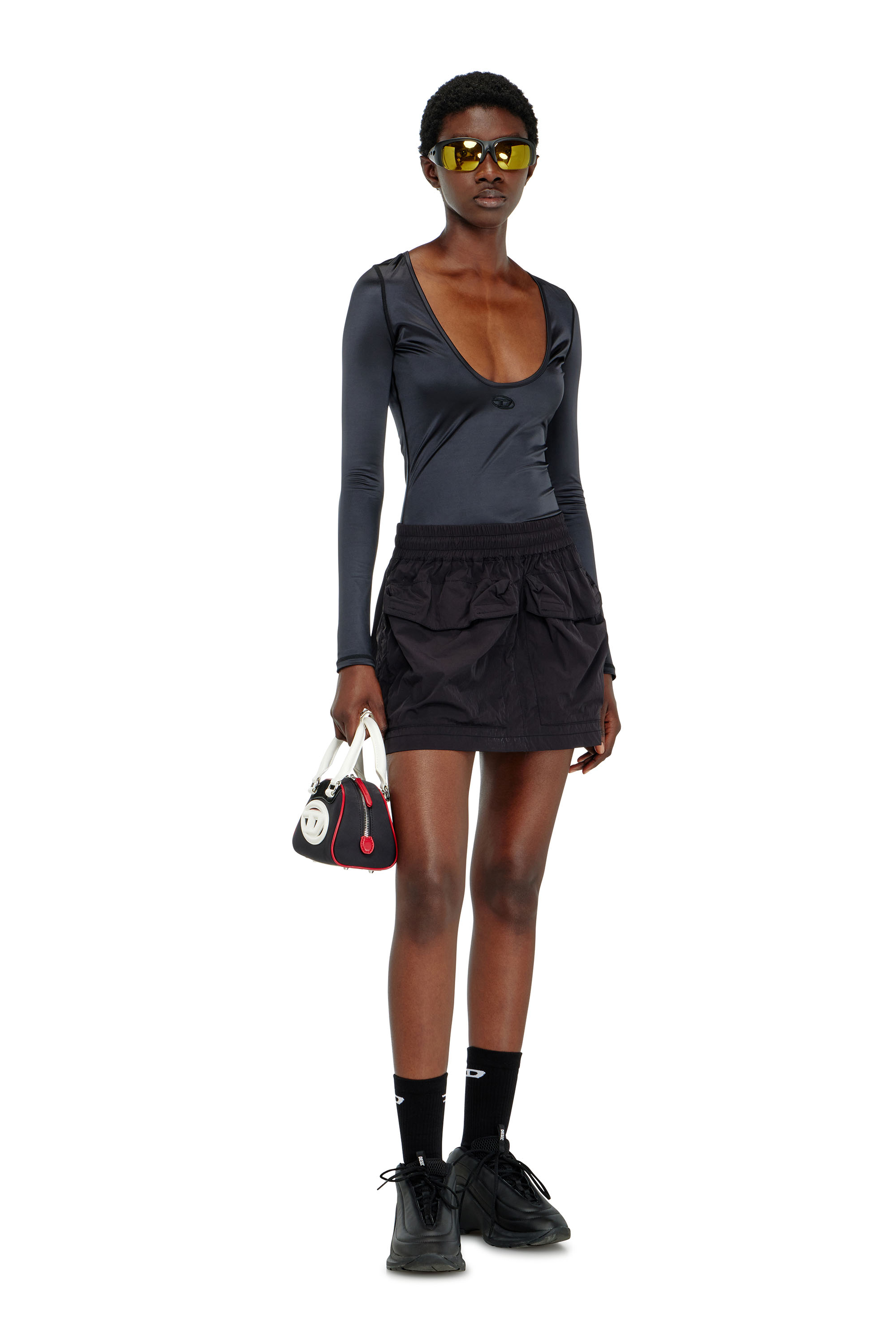 Diesel - T-ELPHIN-LS, Top slim in nylon con scollo rotondo e ricamo Logo Oval D Donna in Nero - 2